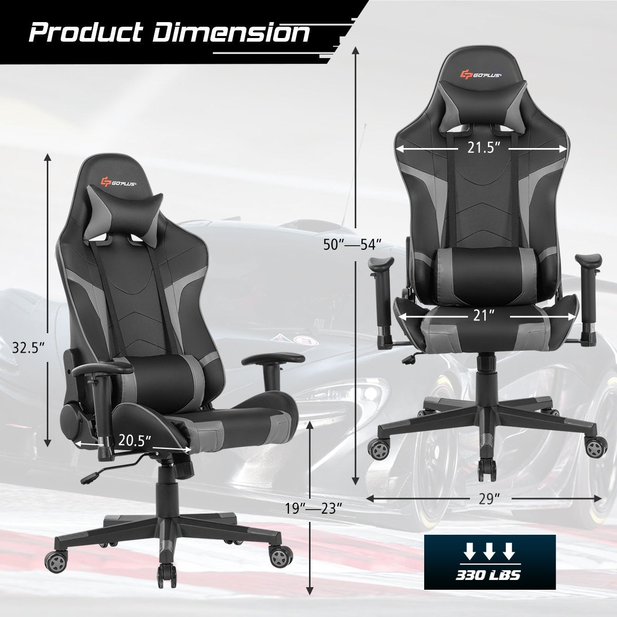 Reclining Swivel Massage Gaming Chair with Lumbar Support, Gray Gaming Chairs   at Gallery Canada