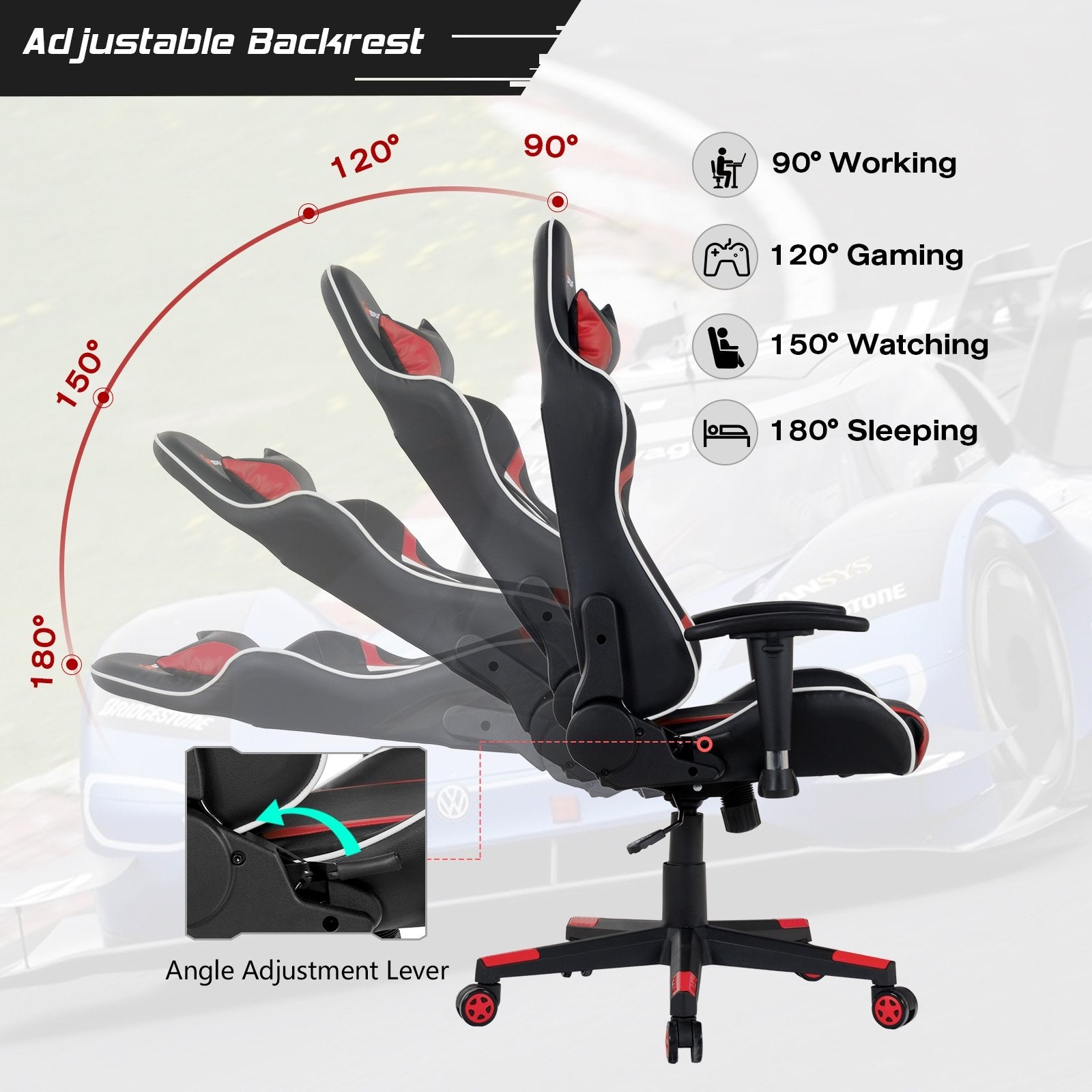 Reclining Swivel Massage Gaming Chair with Lumbar Support, Red Gaming Chairs   at Gallery Canada