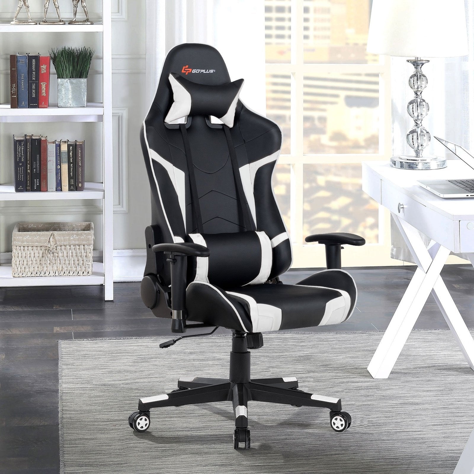 Reclining Swivel Massage Gaming Chair with Lumbar Support, White Gaming Chairs   at Gallery Canada