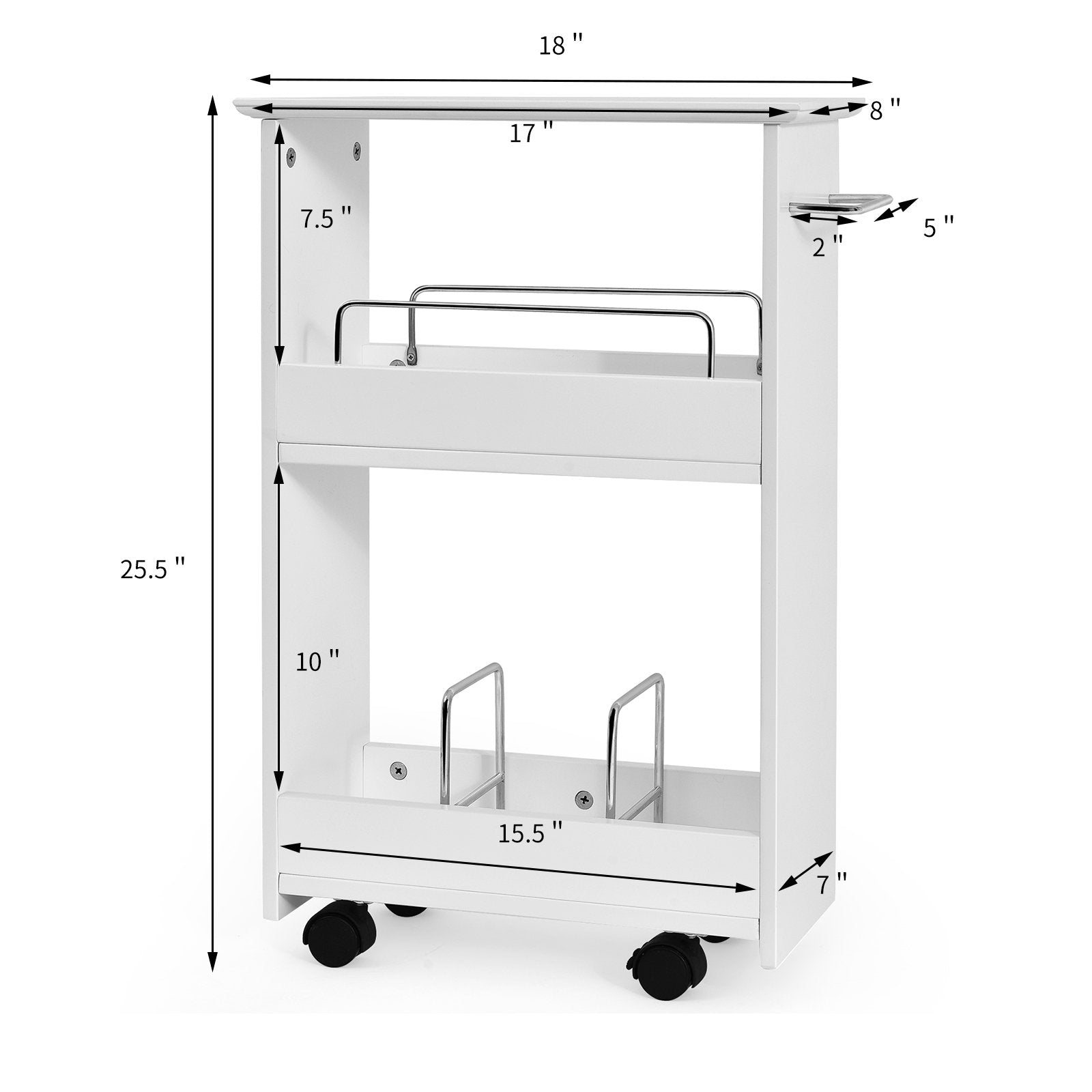 Slim Rolling 3-Tier Bathroom  Mobile Shelving Cabinet with Handle, White Floor Cabinets   at Gallery Canada