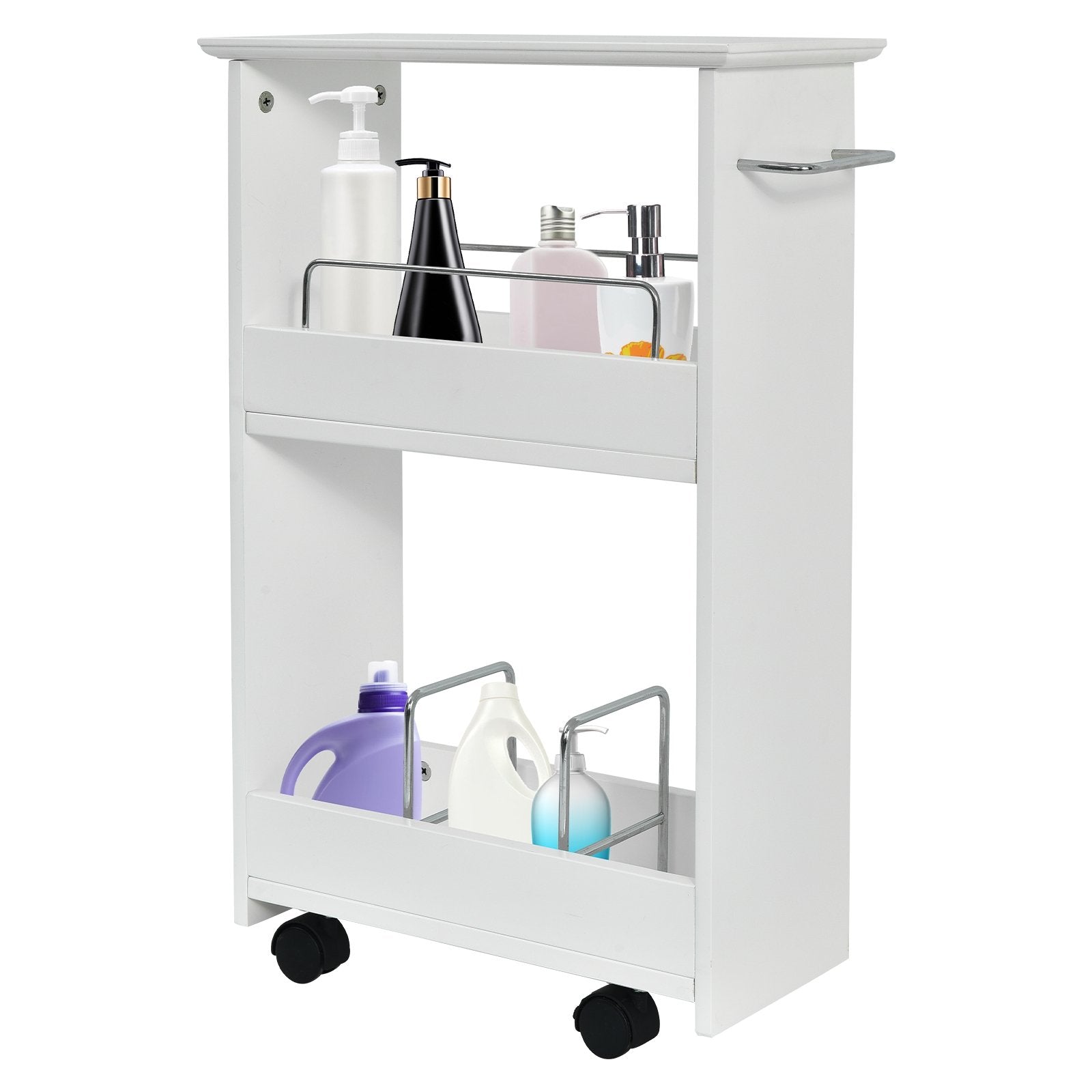 Slim Rolling 3-Tier Bathroom  Mobile Shelving Cabinet with Handle, White Floor Cabinets   at Gallery Canada