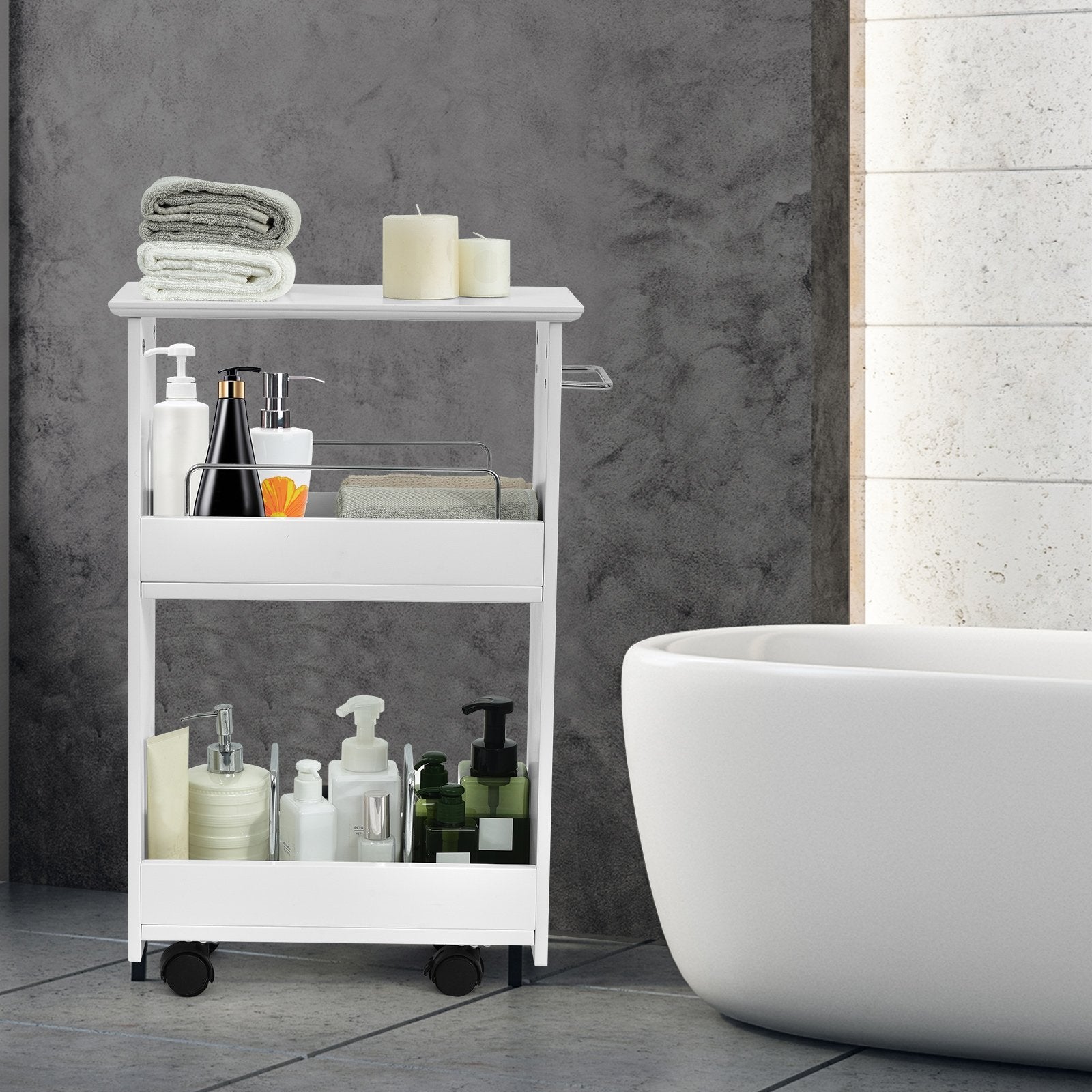 Slim Rolling 3-Tier Bathroom  Mobile Shelving Cabinet with Handle, White Floor Cabinets   at Gallery Canada