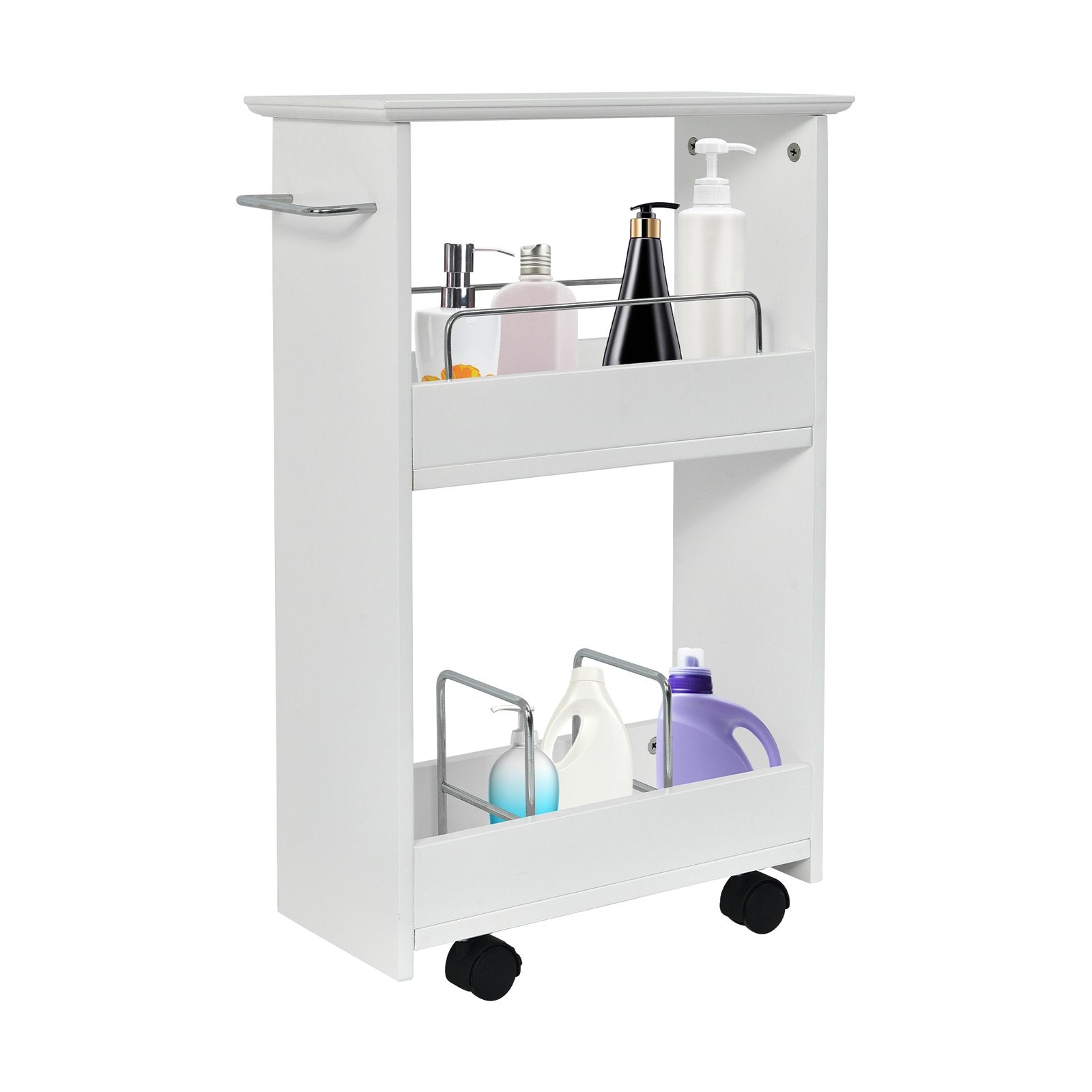 Slim Rolling 3-Tier Bathroom  Mobile Shelving Cabinet with Handle, White Floor Cabinets   at Gallery Canada