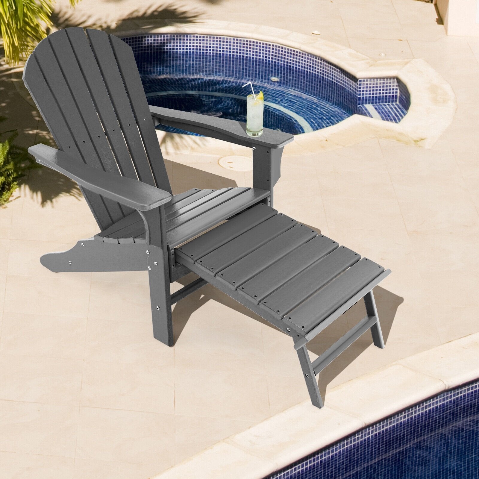 Patio HDPE Adirondack Chair with Retractable Ottoman, Gray - Gallery Canada