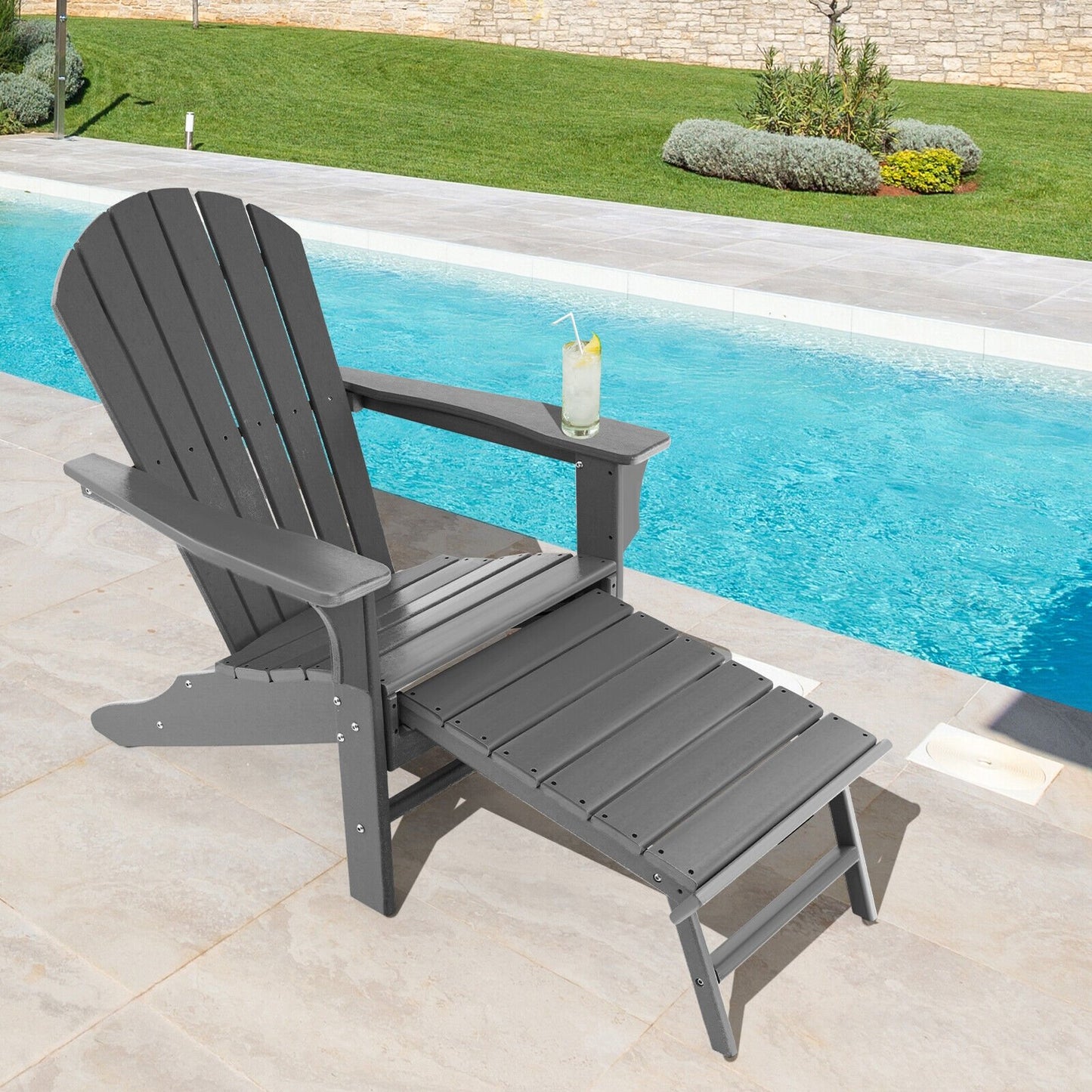 Patio HDPE Adirondack Chair with Retractable Ottoman, Gray - Gallery Canada