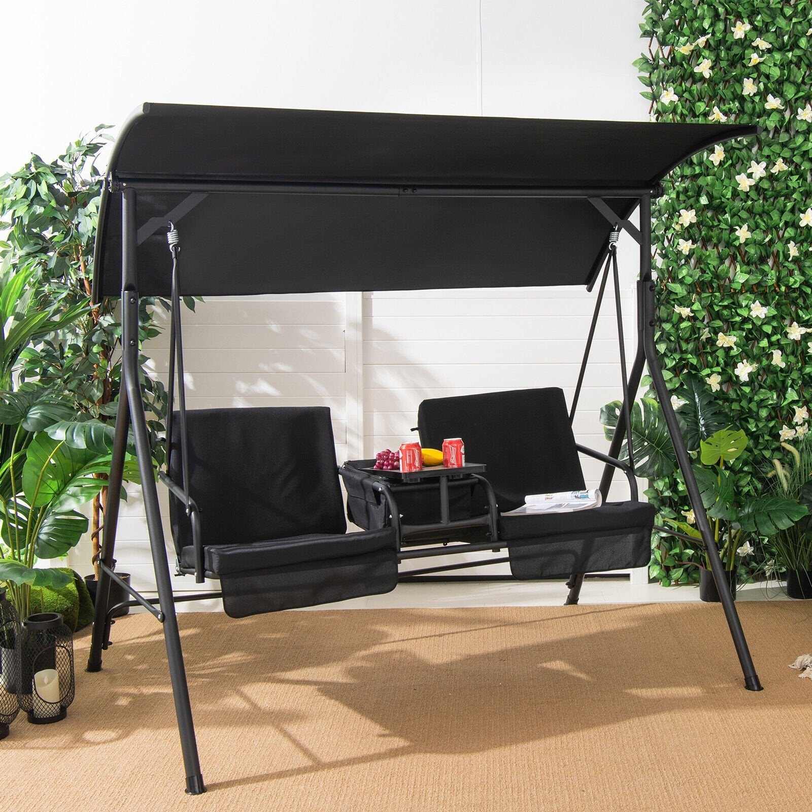 Porch Swing Chair with Adjustable Canopy, Black Porch Swings   at Gallery Canada