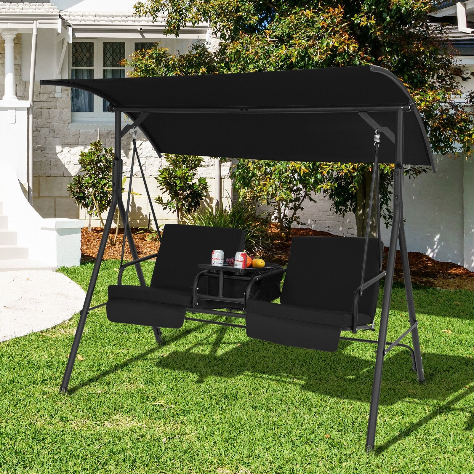 Porch Swing Chair with Adjustable Canopy, Black Porch Swings   at Gallery Canada