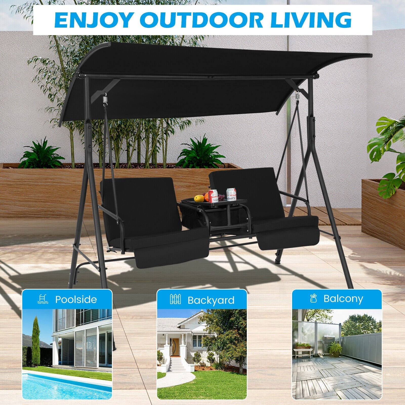 Porch Swing Chair with Adjustable Canopy, Black Porch Swings   at Gallery Canada