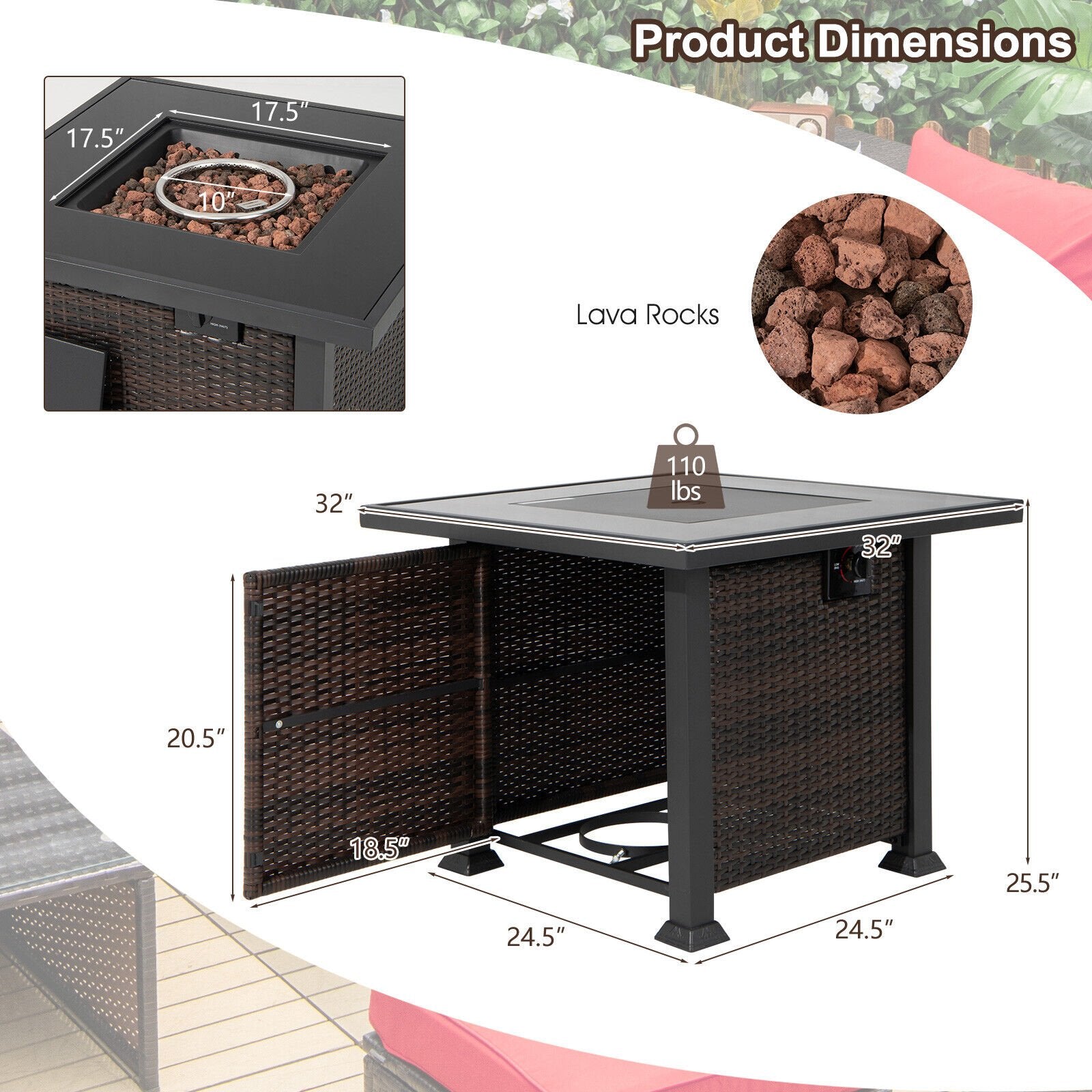 32 Inch Square Propane Fire Pit Table with Lava Rocks Cover, Brown Fire Pit Tables   at Gallery Canada