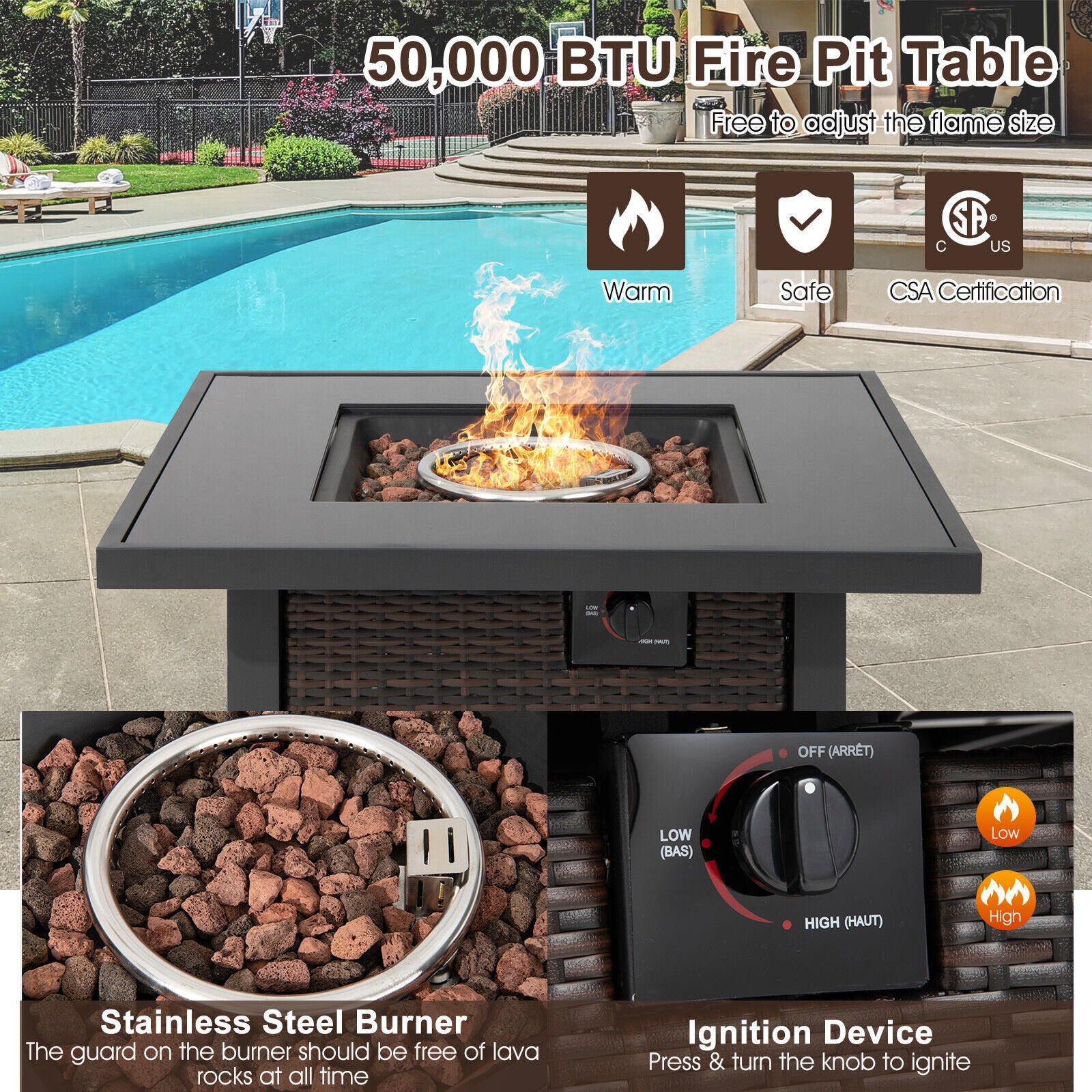 32 Inch Square Propane Fire Pit Table with Lava Rocks Cover, Brown - Gallery Canada