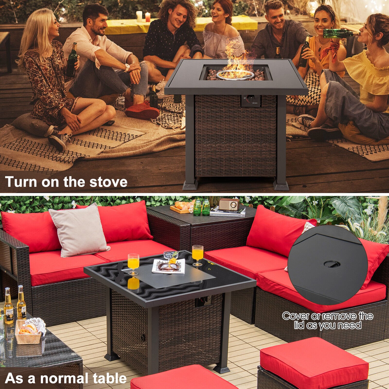 32 Inch Square Propane Fire Pit Table with Lava Rocks Cover, Brown Fire Pit Tables   at Gallery Canada