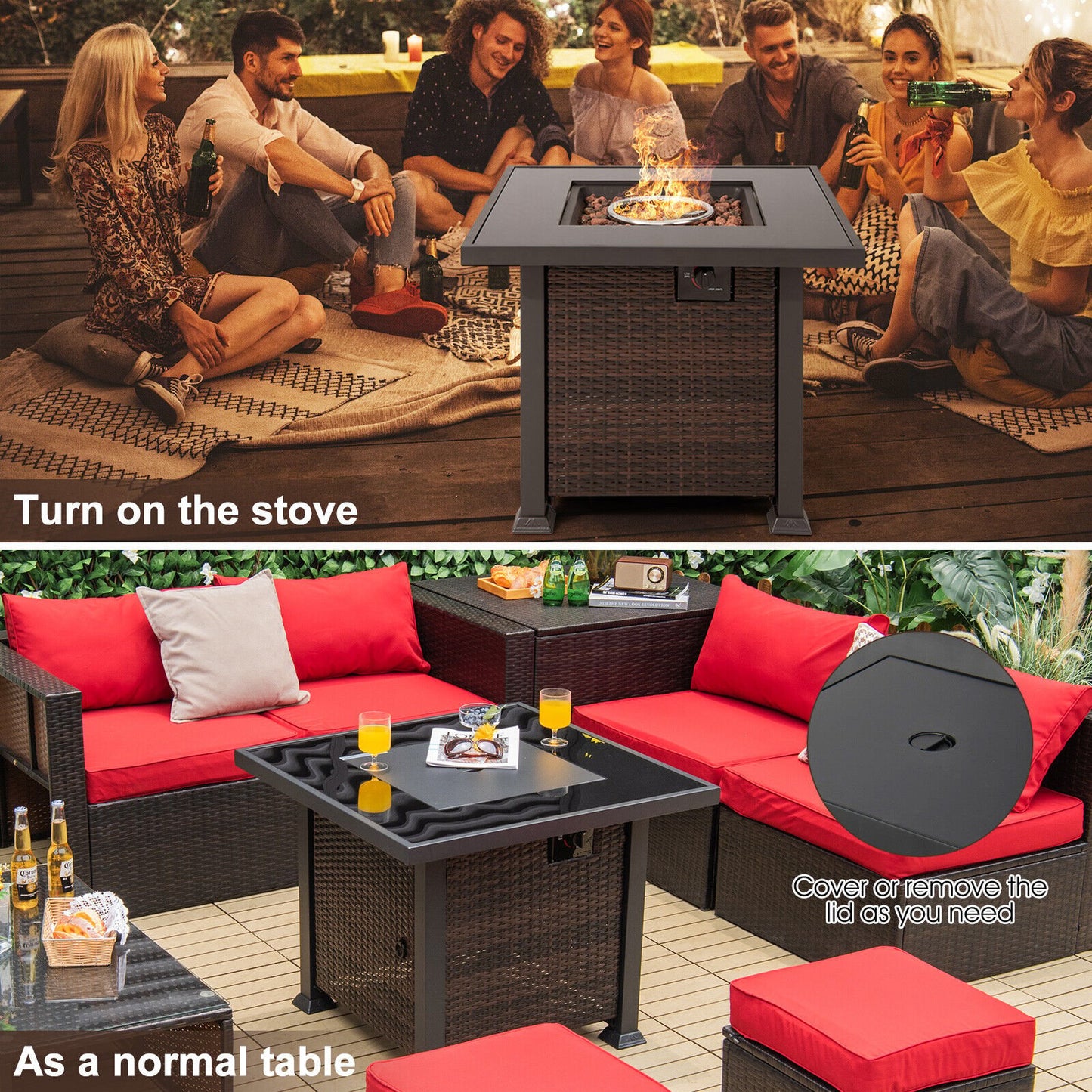 32 Inch Square Propane Fire Pit Table with Lava Rocks Cover, Brown - Gallery Canada