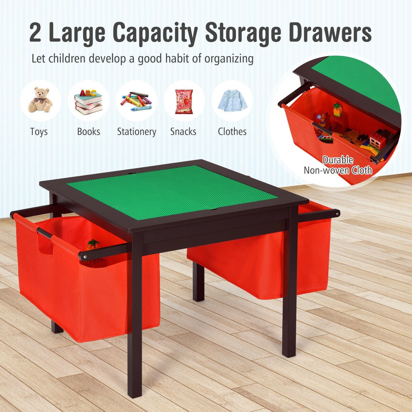 2-in-1 Kids Double-sided Activity Building Block Table with Drawers, Brown Kids Table & Chair Sets   at Gallery Canada