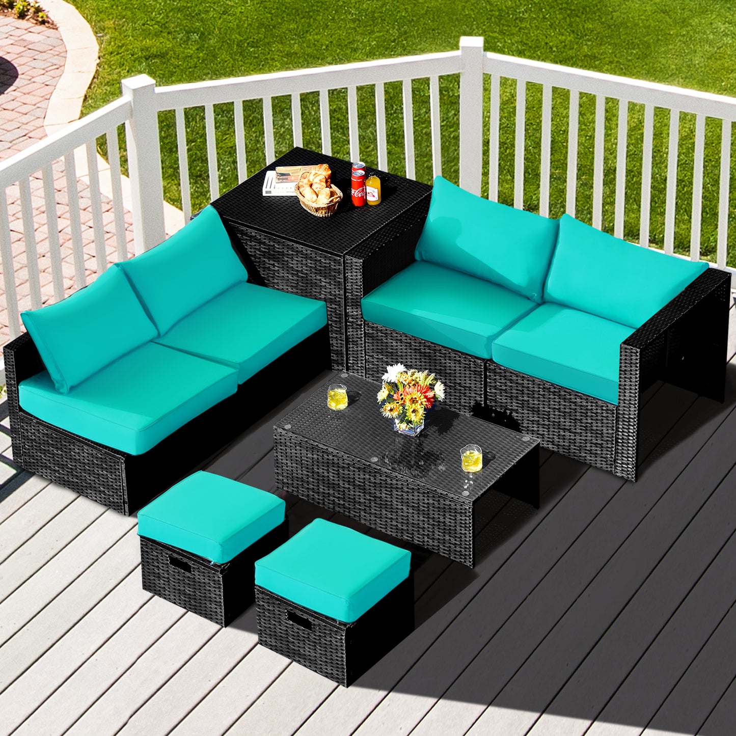 8 Pieces Patio Rattan Storage Table Furniture Set, Turquoise Outdoor Sectionals   at Gallery Canada