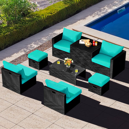 8 Pieces Patio Rattan Storage Table Furniture Set, Turquoise Outdoor Sectionals   at Gallery Canada