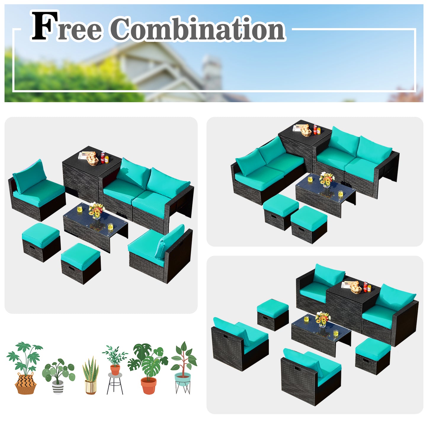 8 Pieces Patio Rattan Storage Table Furniture Set, Turquoise Outdoor Sectionals   at Gallery Canada