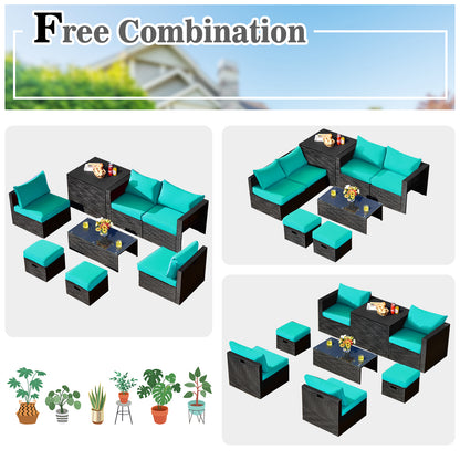 8 Pieces Patio Rattan Storage Table Furniture Set, Turquoise Outdoor Sectionals   at Gallery Canada