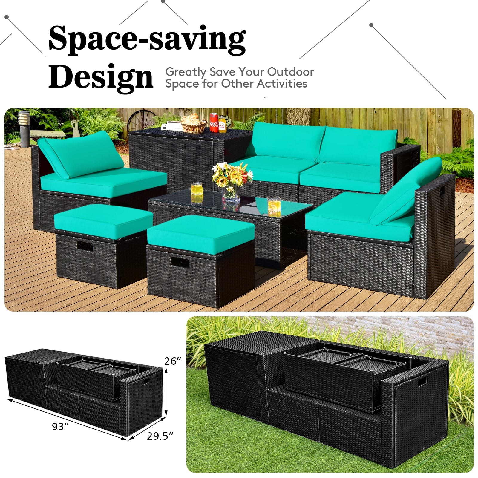 8 Pieces Patio Rattan Storage Table Furniture Set, Turquoise Outdoor Sectionals   at Gallery Canada