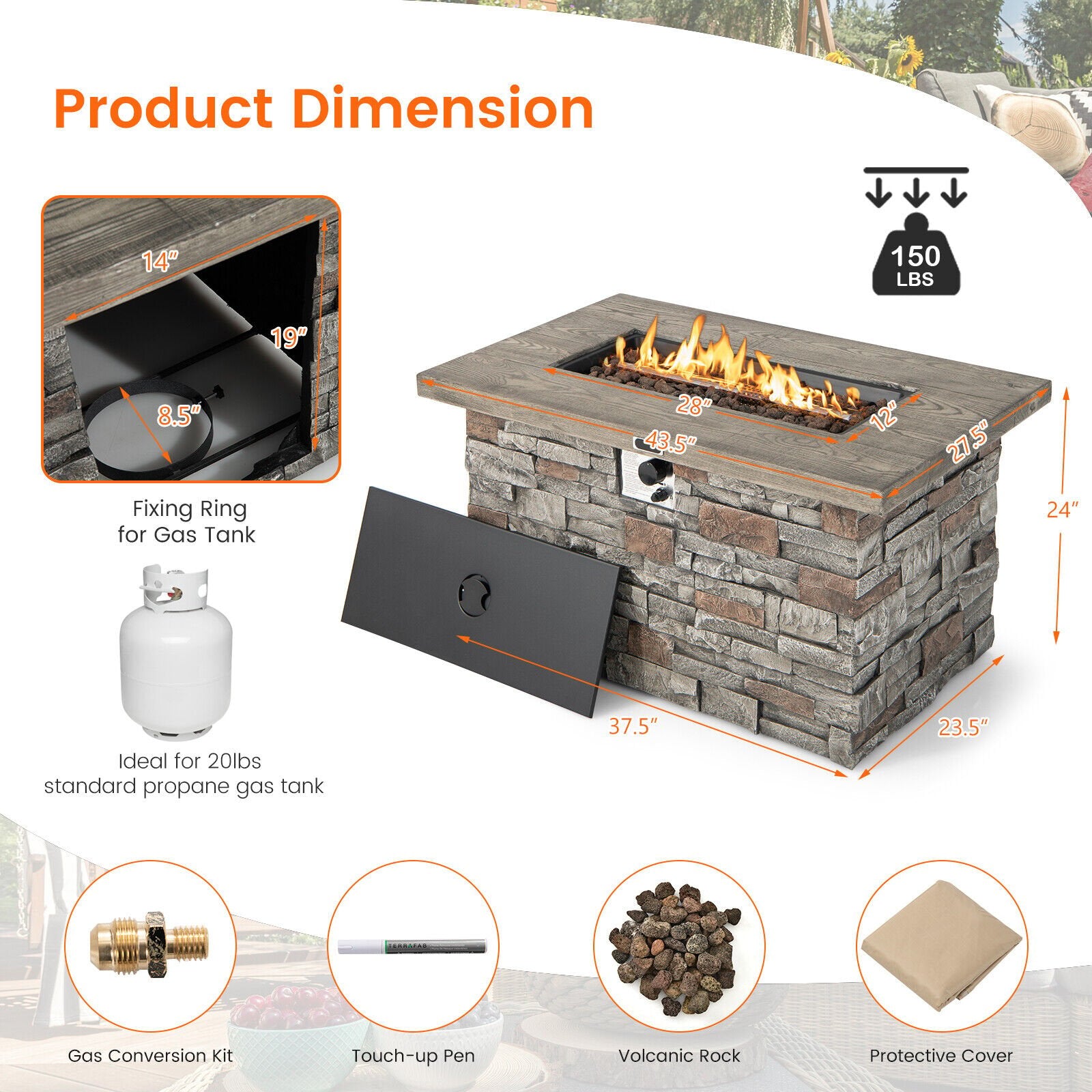43.5 Inch Rectangle Faux Stone Propane Gas Fire Pit Table with Lava Rock and PVC Cover, Gray - Gallery Canada