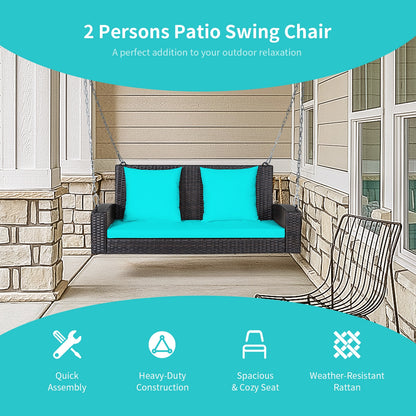 2-Person Patio Rattan Porch Swing with Cushions, Turquoise - Gallery Canada