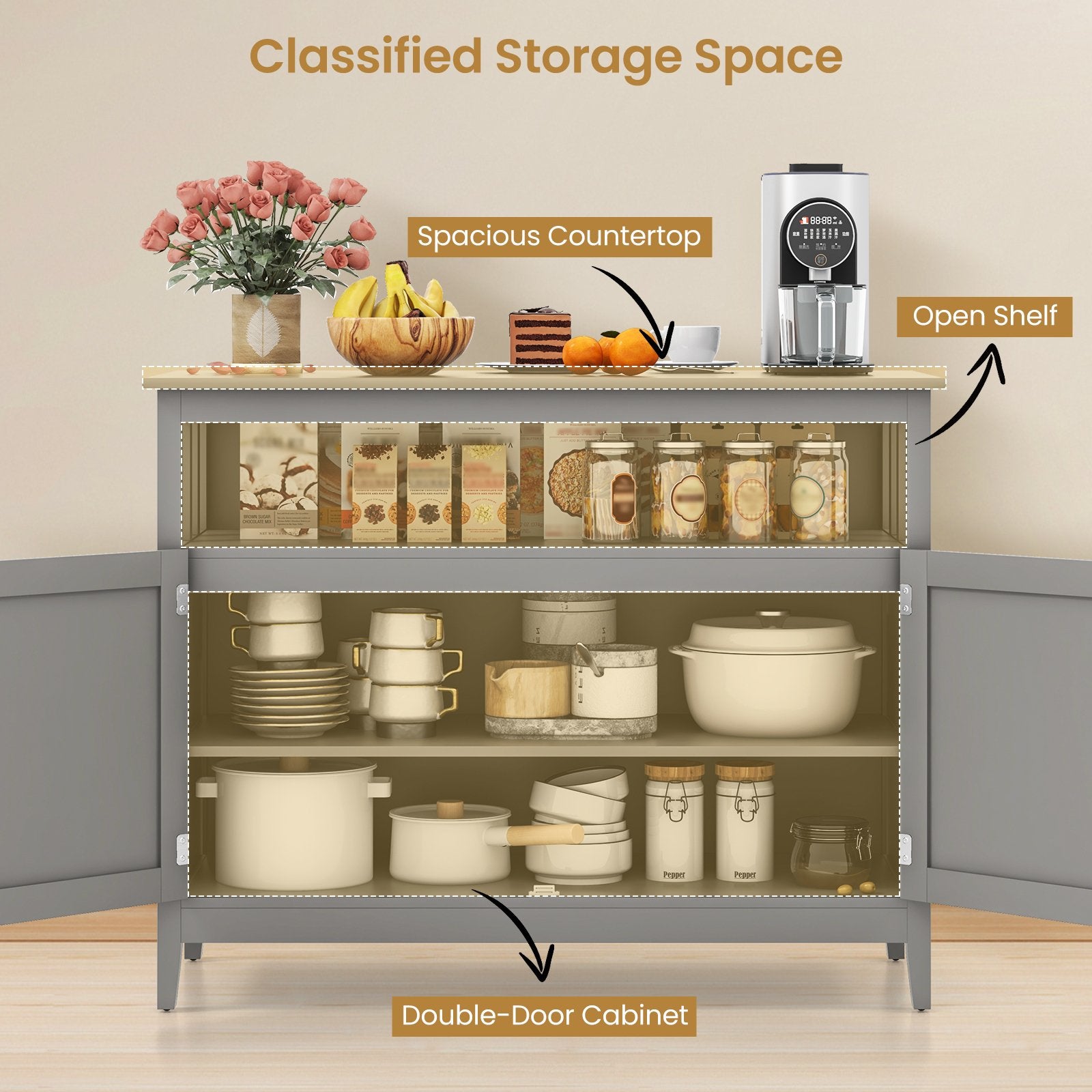 Modern Practical Wooden Kitchen Lockers with Large Storage Space, Gray Sideboards Cabinets & Buffets   at Gallery Canada