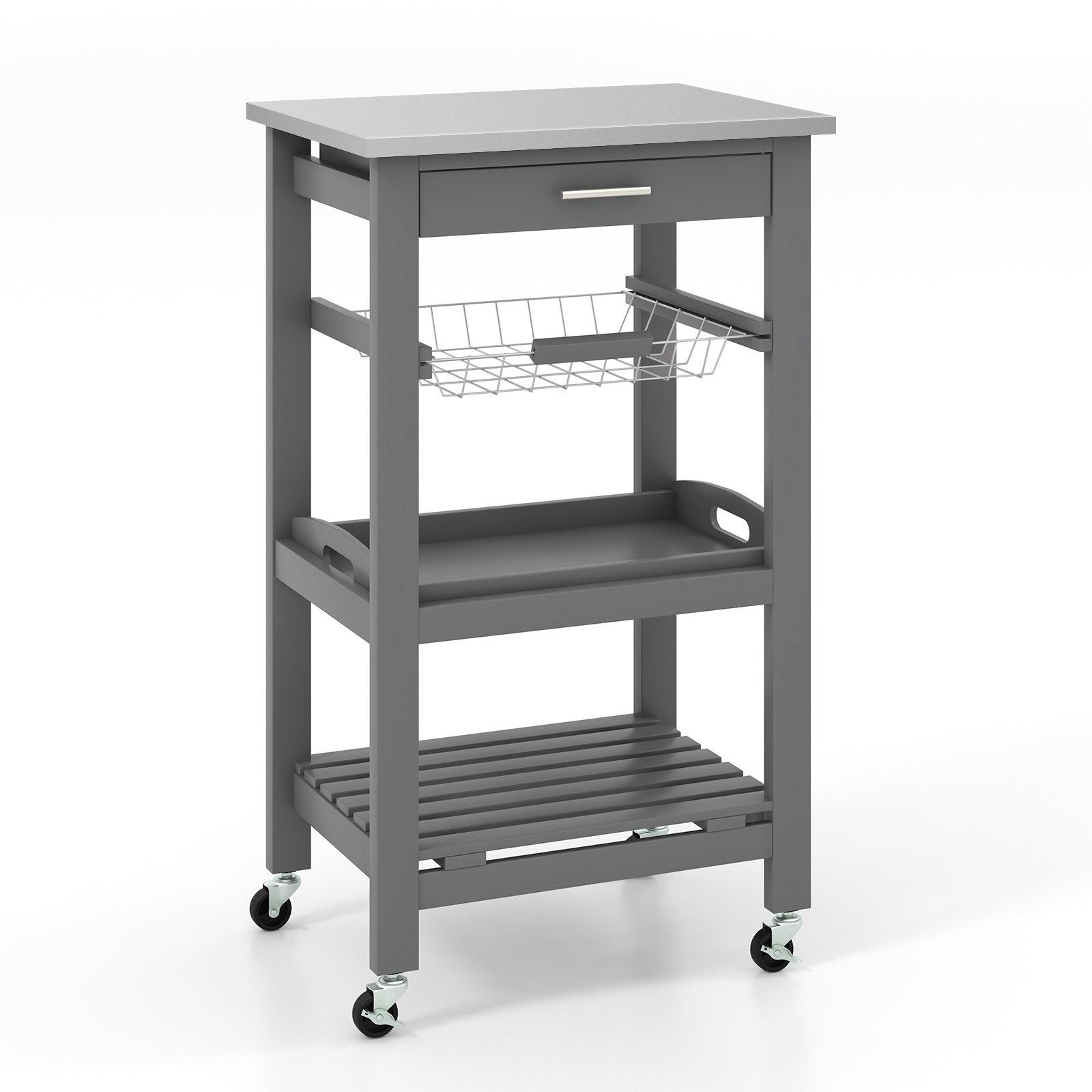 Kitchen Island Cart with Stainless Steel Tabletop and Basket, Gray Kitchen Islands & Carts   at Gallery Canada