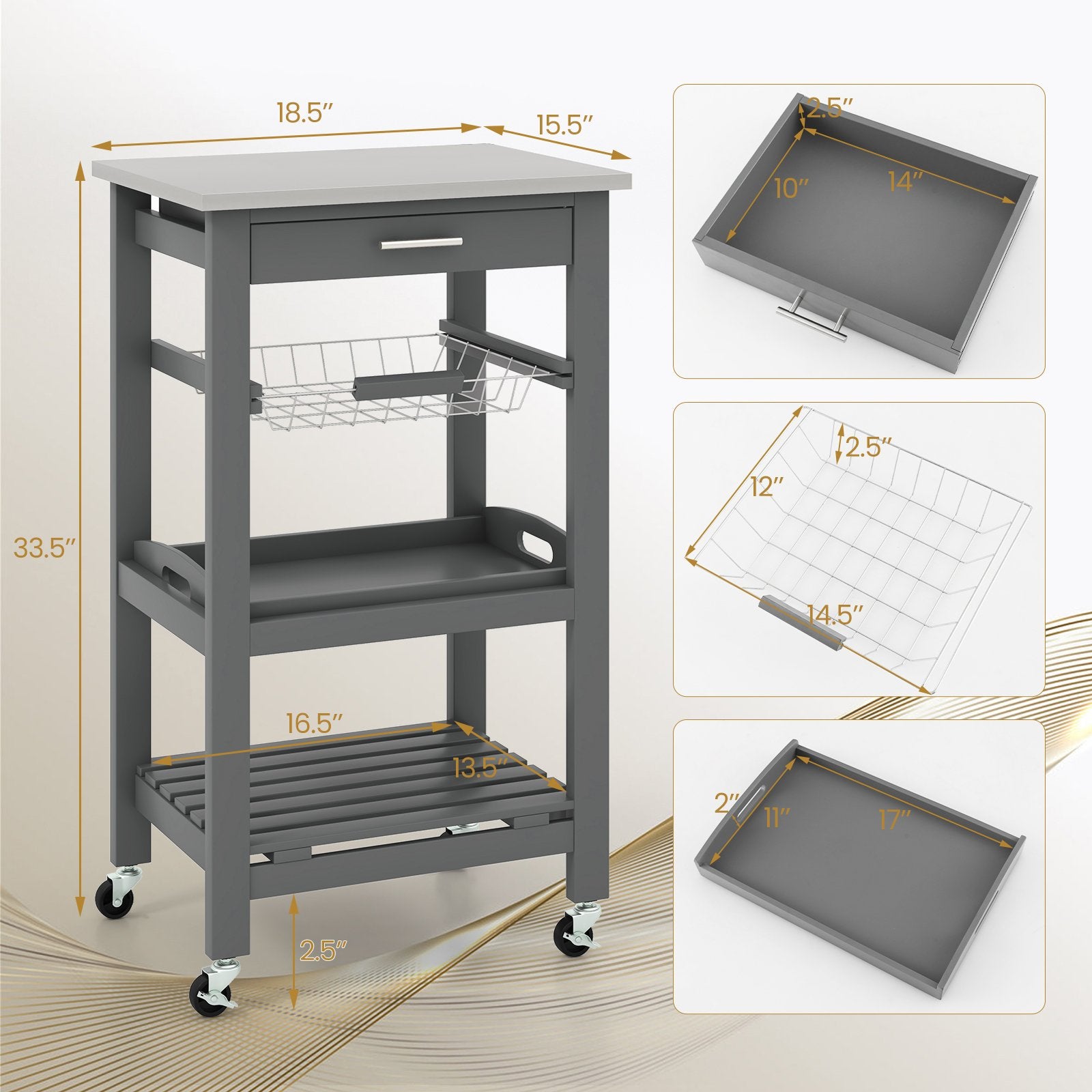 Kitchen Island Cart with Stainless Steel Tabletop and Basket, Gray Kitchen Islands & Carts   at Gallery Canada