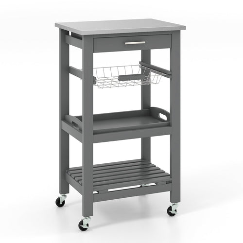 Kitchen Island Cart with Stainless Steel Tabletop and Basket, Gray