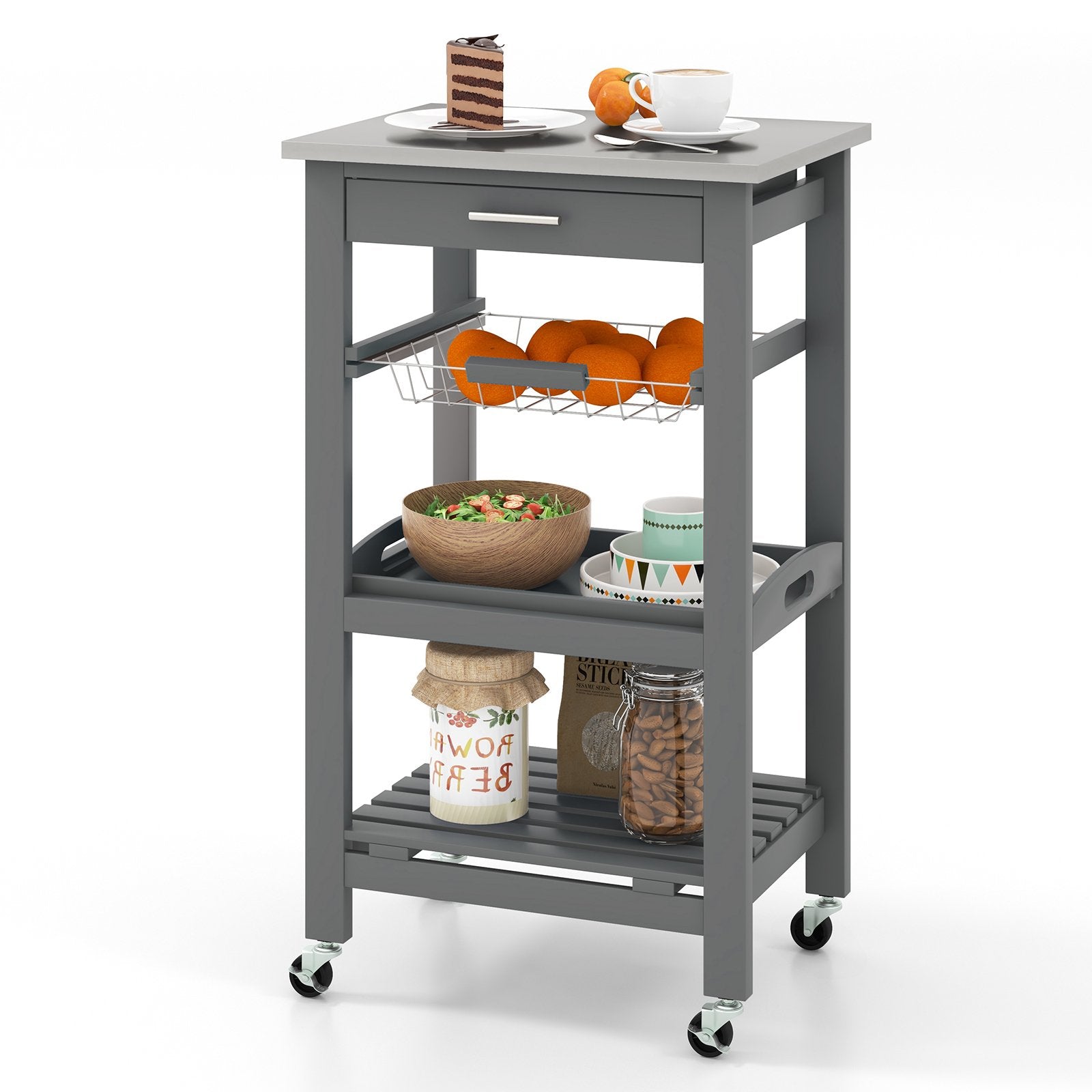 Kitchen Island Cart with Stainless Steel Tabletop and Basket, Gray Kitchen Islands & Carts   at Gallery Canada