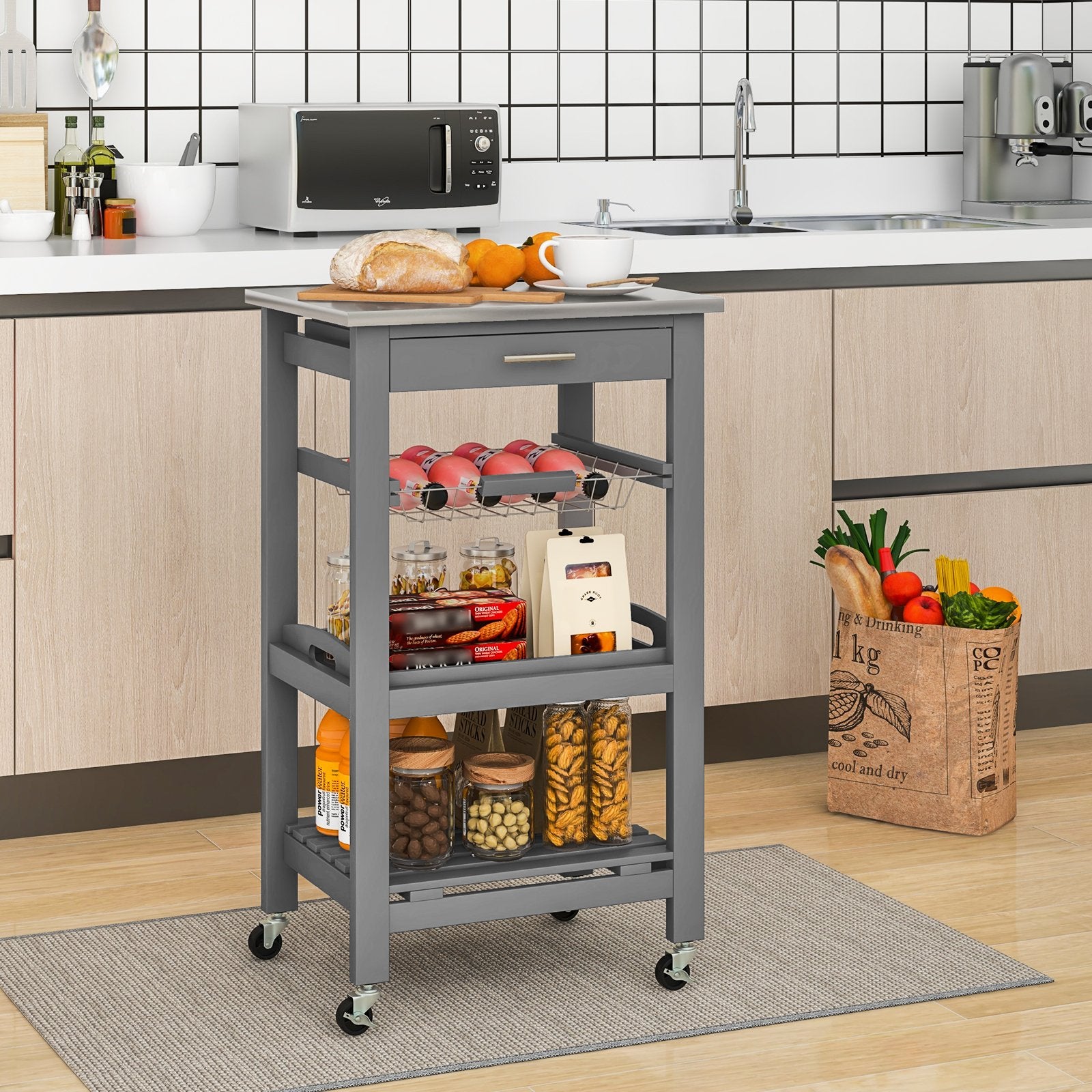 Kitchen Island Cart with Stainless Steel Tabletop and Basket, Gray Kitchen Islands & Carts   at Gallery Canada