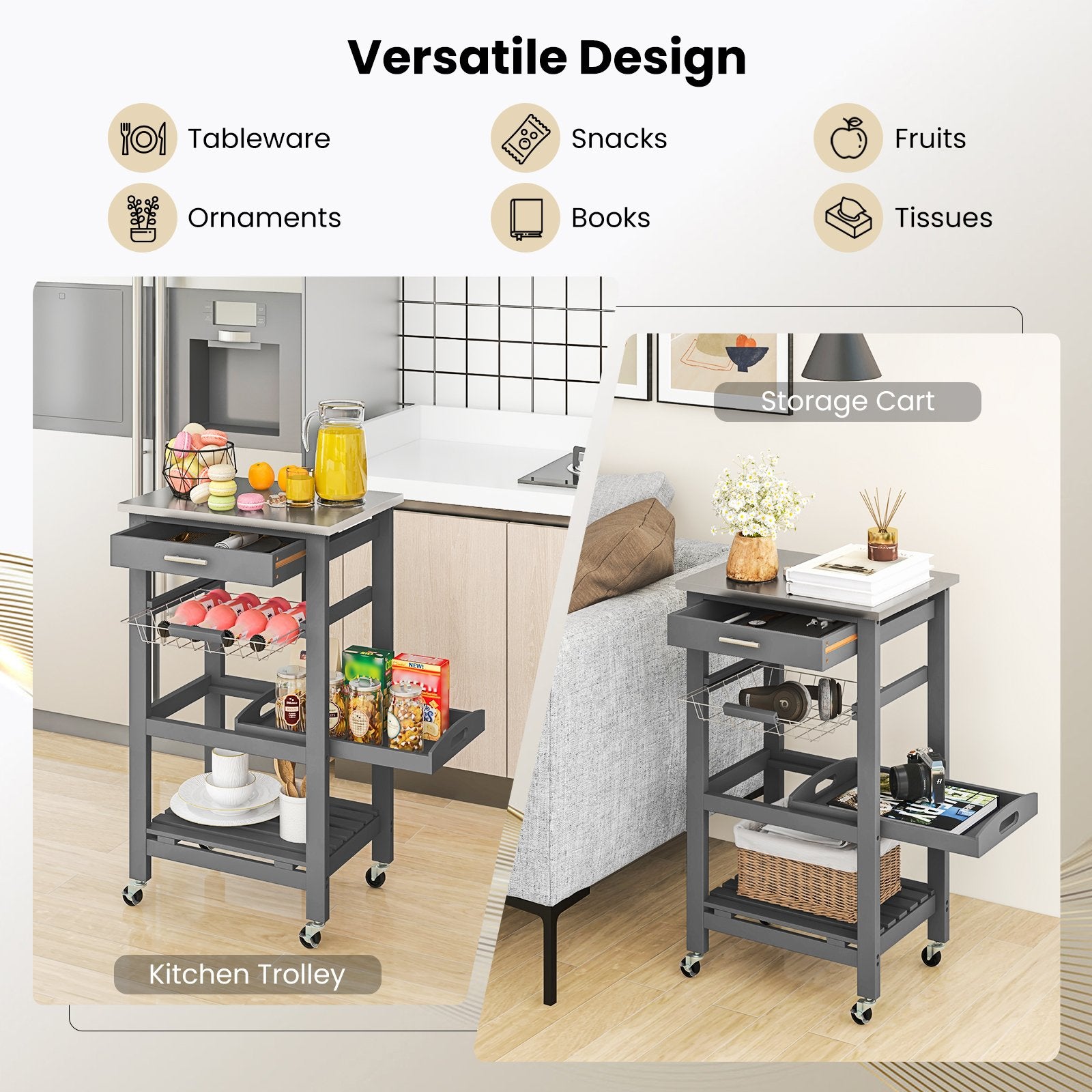 Kitchen Island Cart with Stainless Steel Tabletop and Basket, Gray Kitchen Islands & Carts   at Gallery Canada