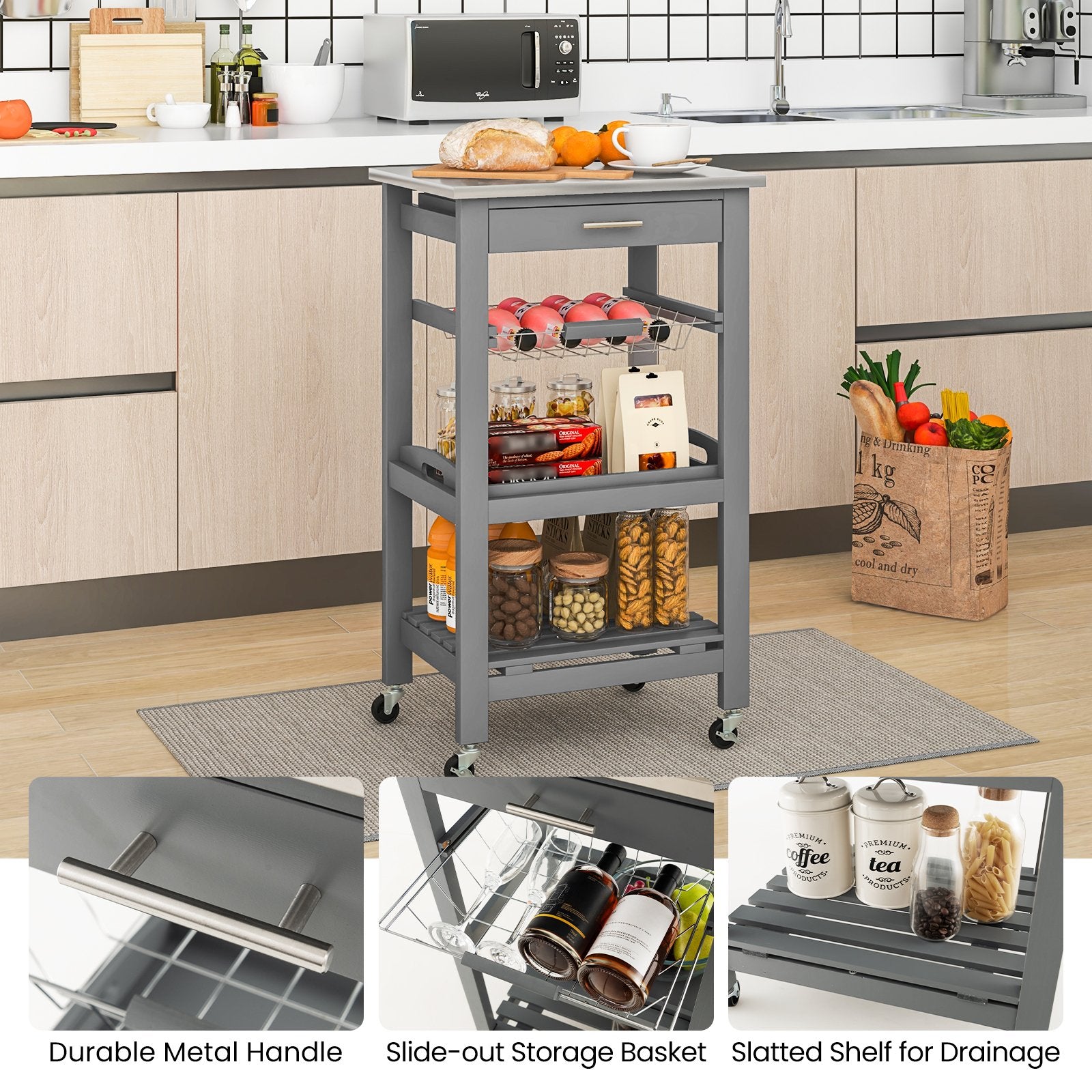 Kitchen Island Cart with Stainless Steel Tabletop and Basket, Gray Kitchen Islands & Carts   at Gallery Canada