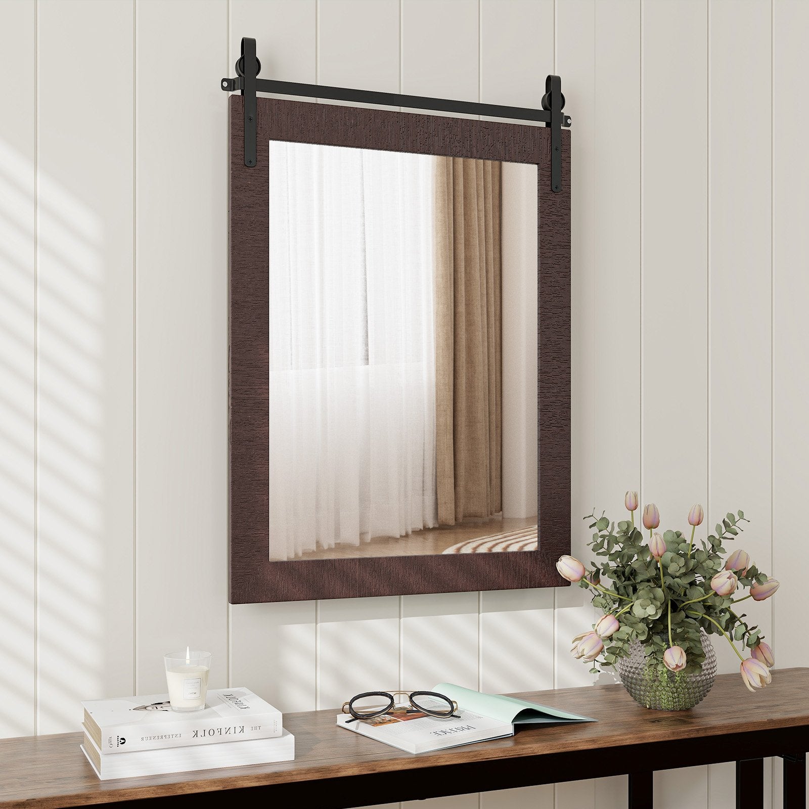 30 x 22 Inch Wall Mount Mirror with Wood Frame, Walnut Wall Mirrors   at Gallery Canada