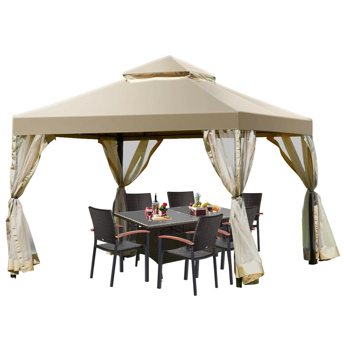 Outdoor 2-Tier 10 Feet x 10 Feet Screw-free Structure Shelter Gazebo Canopy, Beige Gazebos   at Gallery Canada