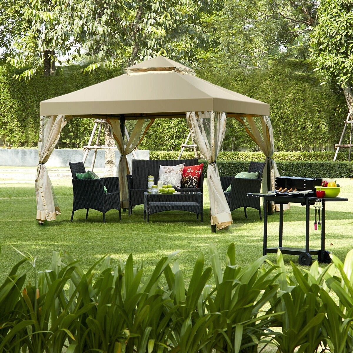 Outdoor 2-Tier 10 Feet x 10 Feet Screw-free Structure Shelter Gazebo Canopy, Beige Gazebos   at Gallery Canada