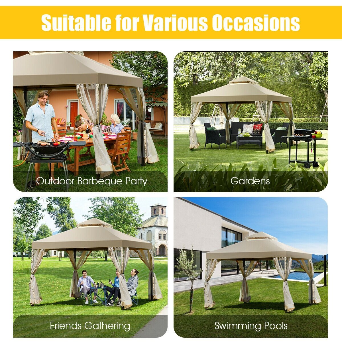 Outdoor 2-Tier 10 Feet x 10 Feet Screw-free Structure Shelter Gazebo Canopy, Beige Gazebos   at Gallery Canada