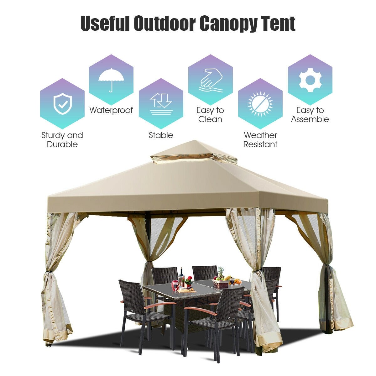 Outdoor 2-Tier 10 Feet x 10 Feet Screw-free Structure Shelter Gazebo Canopy, Beige Gazebos   at Gallery Canada