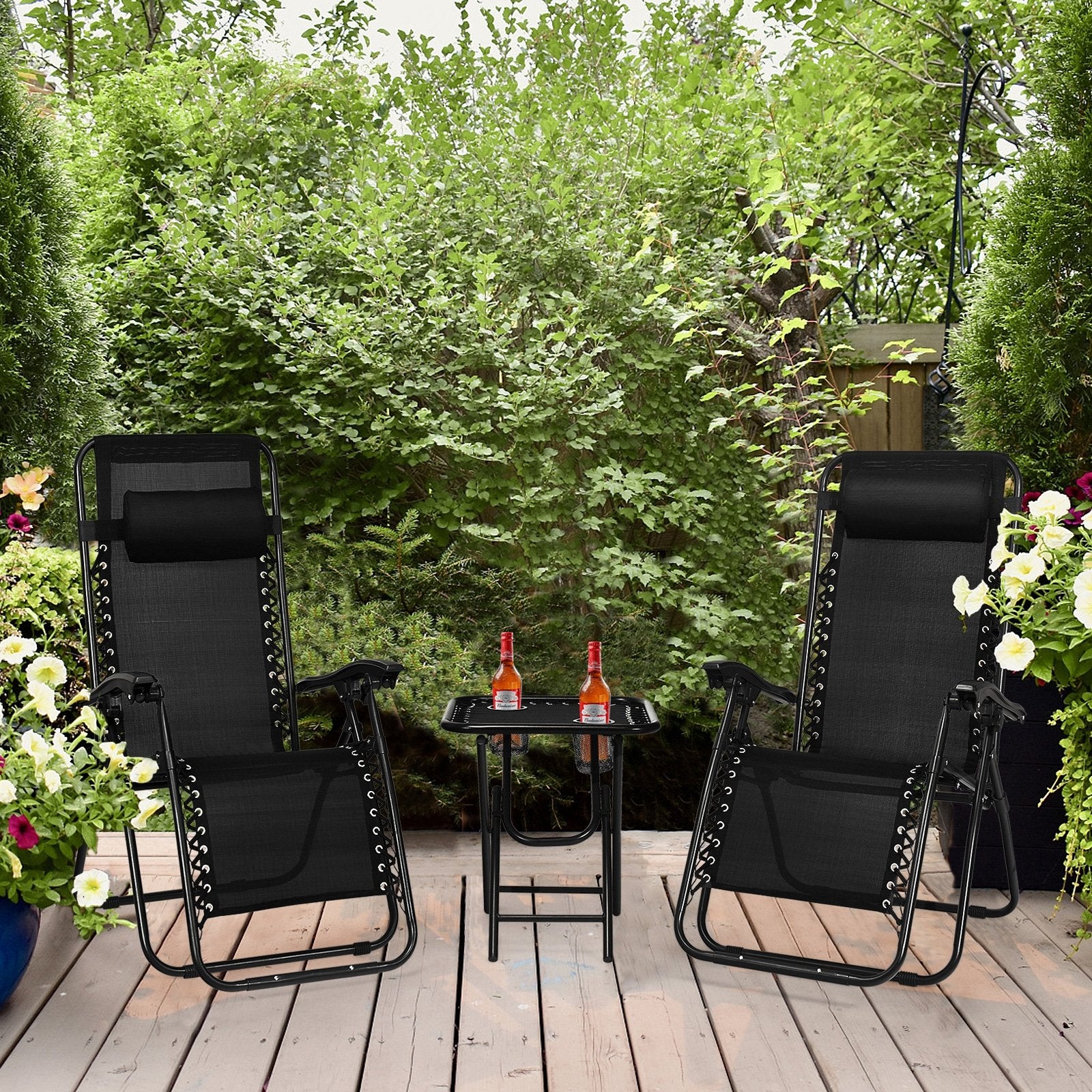 3 Pieces Folding Portable Zero Gravity Reclining Lounge Chairs Table Set, Black Patio Conversation Sets   at Gallery Canada