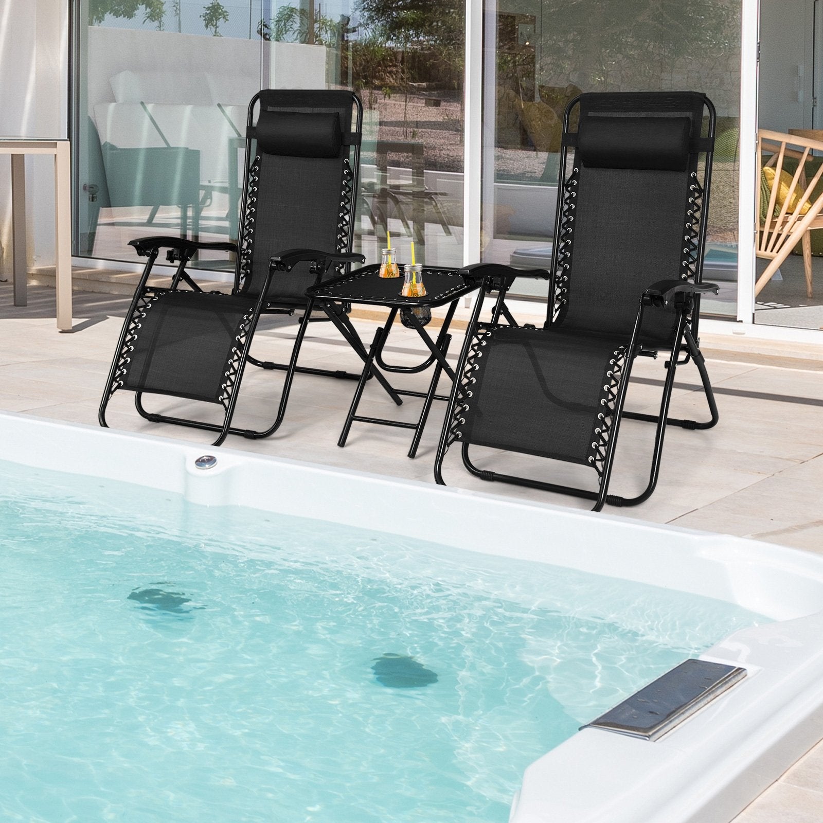 3 Pieces Folding Portable Zero Gravity Reclining Lounge Chairs Table Set, Black Patio Conversation Sets   at Gallery Canada