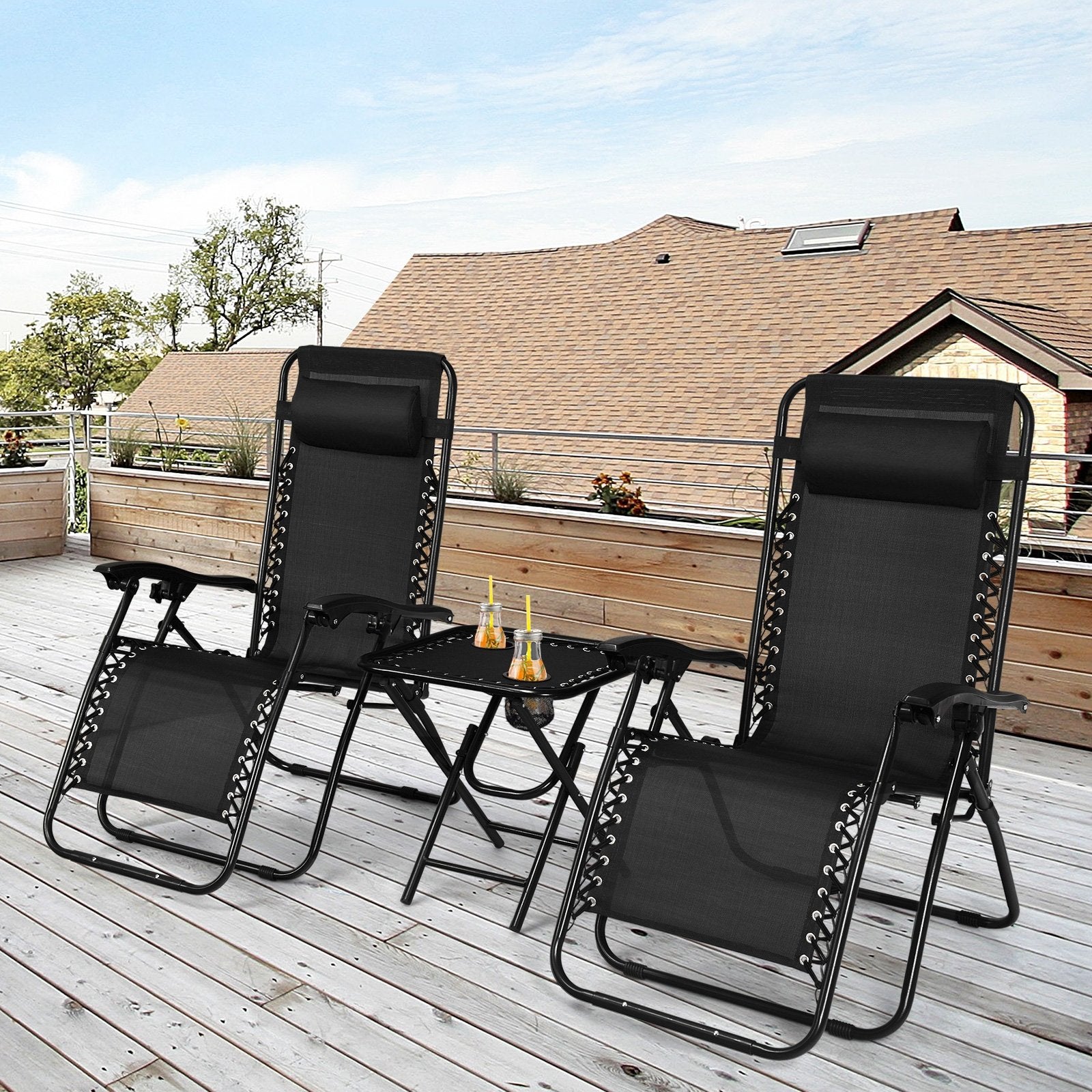 3 Pieces Folding Portable Zero Gravity Reclining Lounge Chairs Table Set, Black Patio Conversation Sets   at Gallery Canada