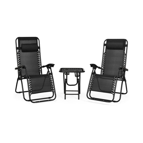 3 Pieces Folding Portable Zero Gravity Reclining Lounge Chairs Table Set, Black