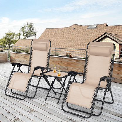 3 Pieces Folding Portable Zero Gravity Reclining Lounge Chairs Table Set, Beige Patio Conversation Sets   at Gallery Canada