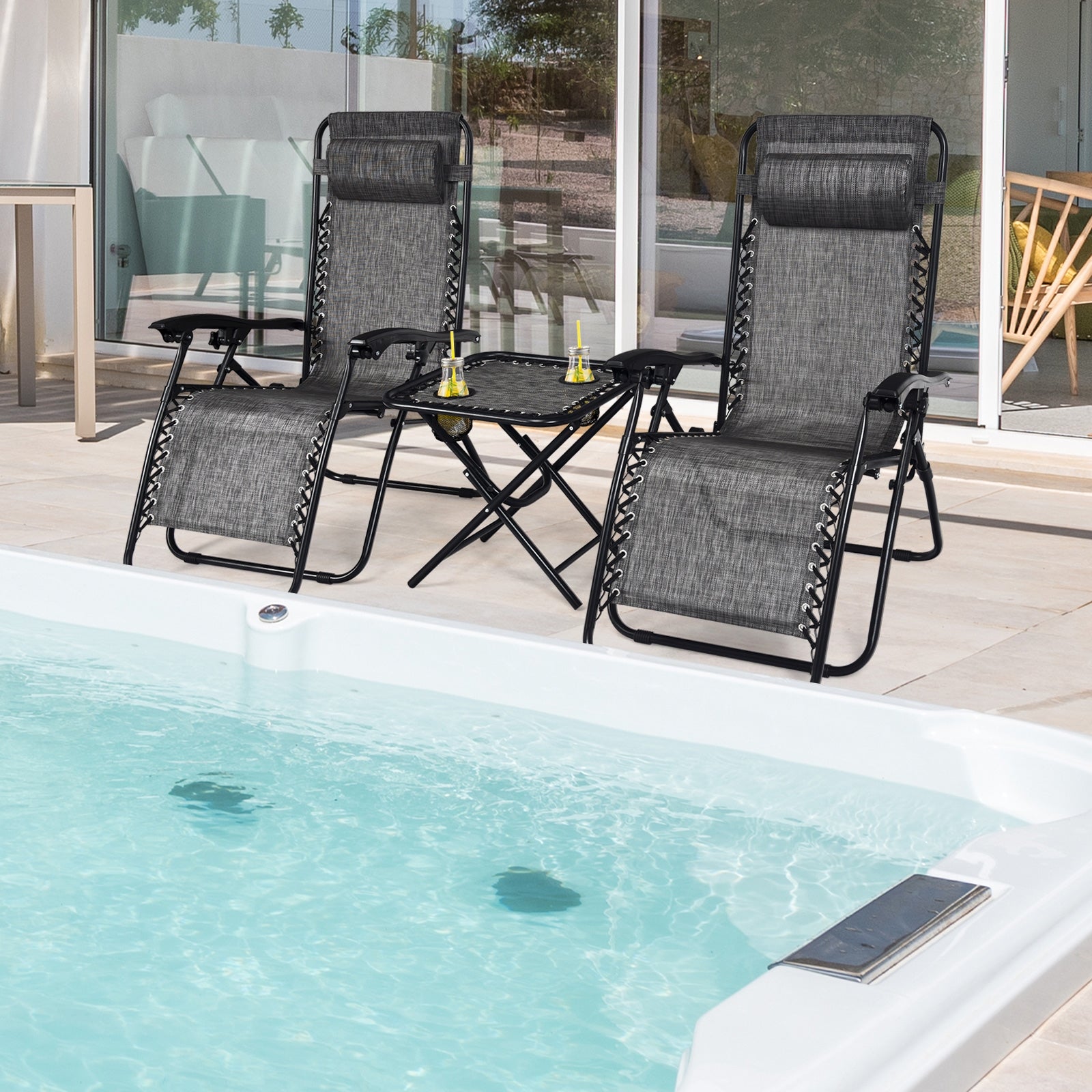 3 Pcs Folding Portable Zero Gravity Reclining Lounge Chairs Table, Gray Patio Conversation Sets at Gallery Canada