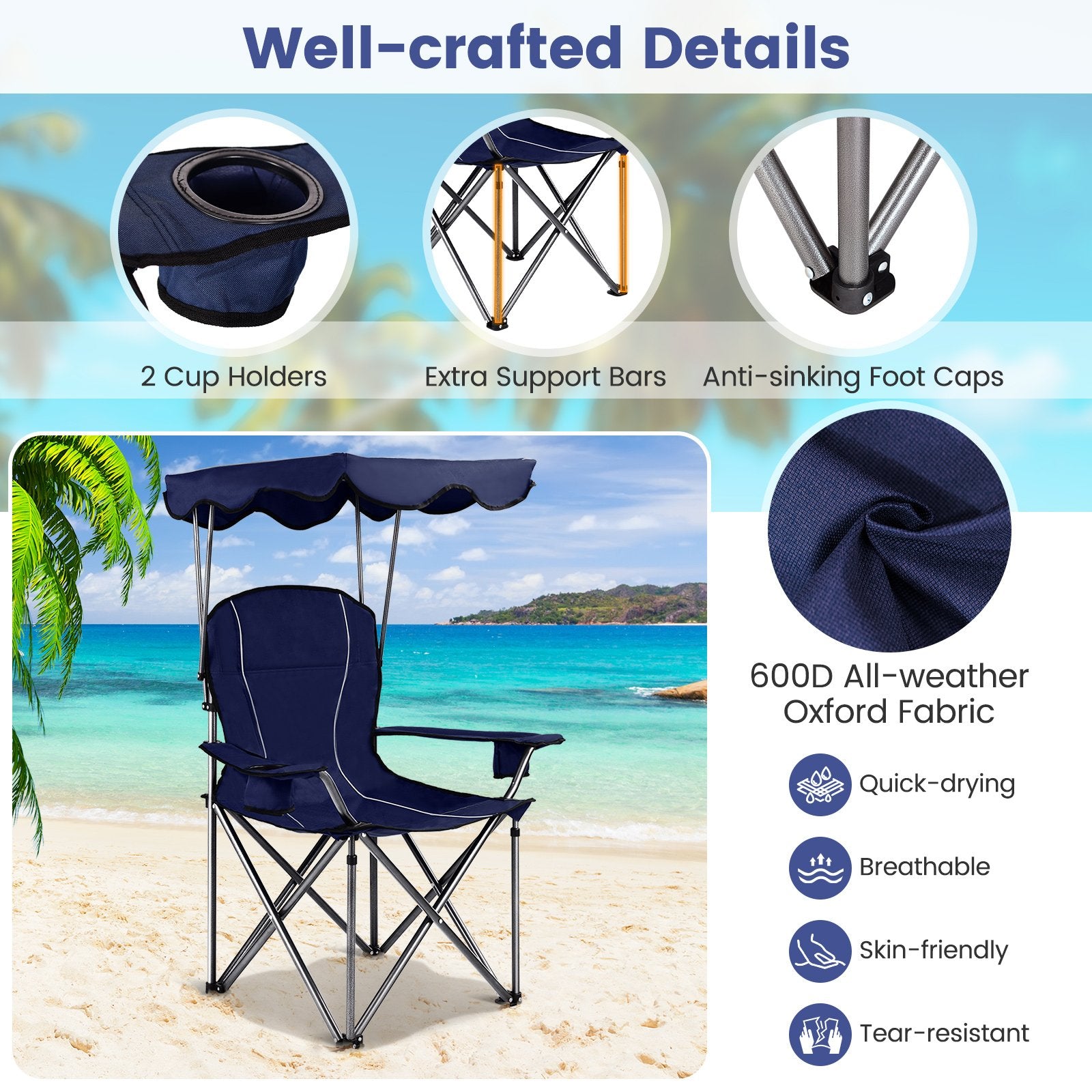 Portable Folding Beach Canopy Chair with Cup Holders, Blue Camping Furniture   at Gallery Canada