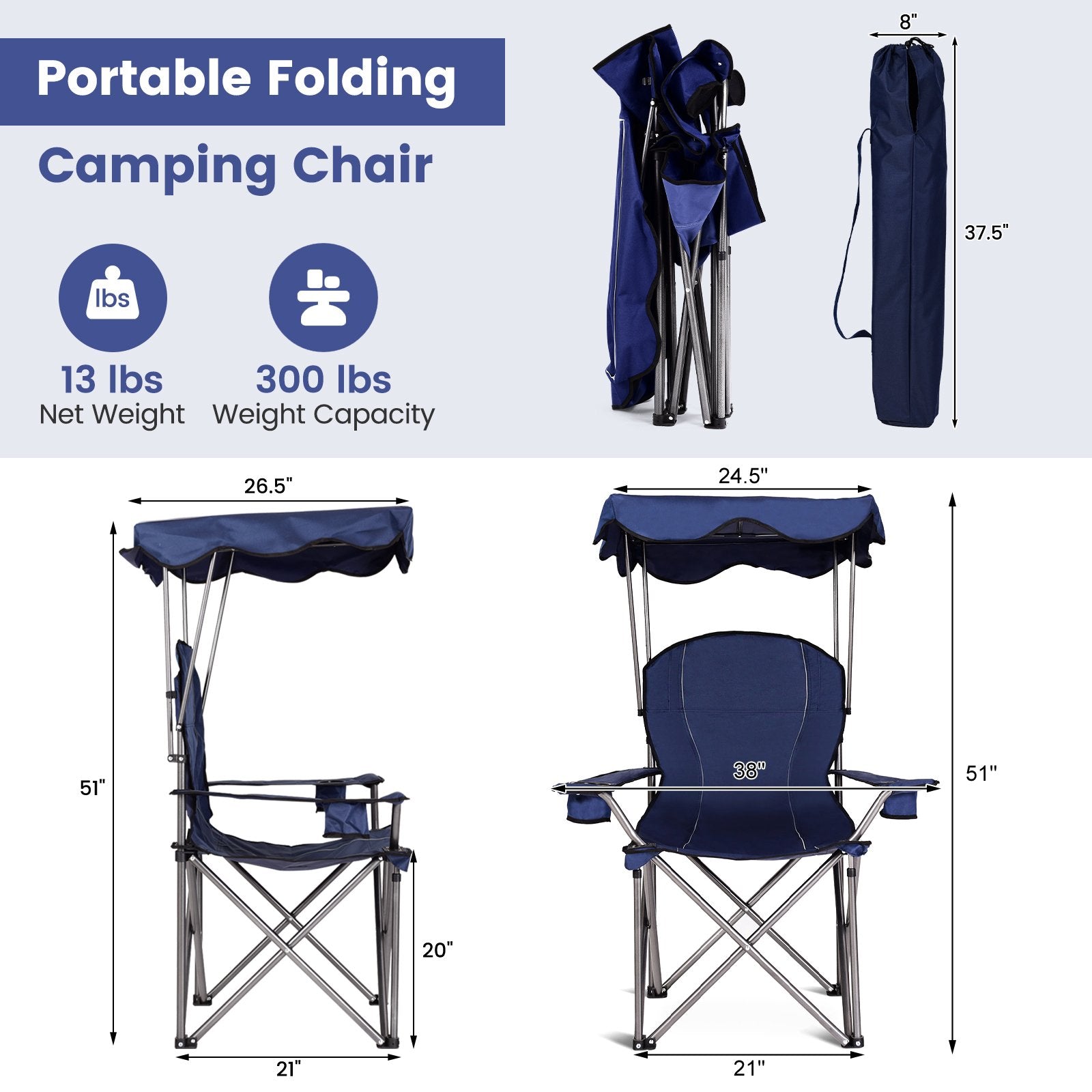 Portable Folding Beach Canopy Chair with Cup Holders, Blue Camping Furniture   at Gallery Canada