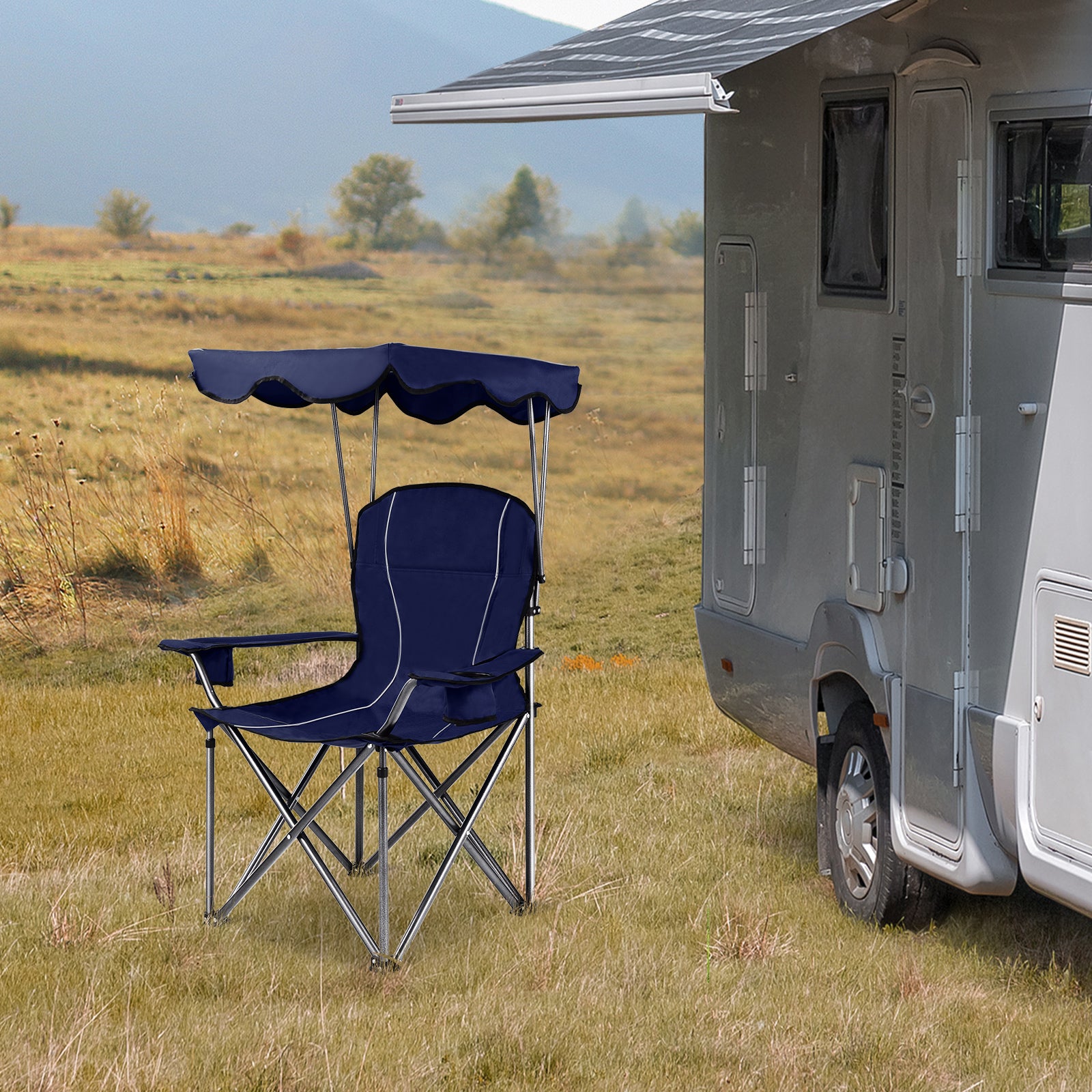 Portable Folding Beach Canopy Chair with Cup Holders, Blue Camping Furniture at Gallery Canada