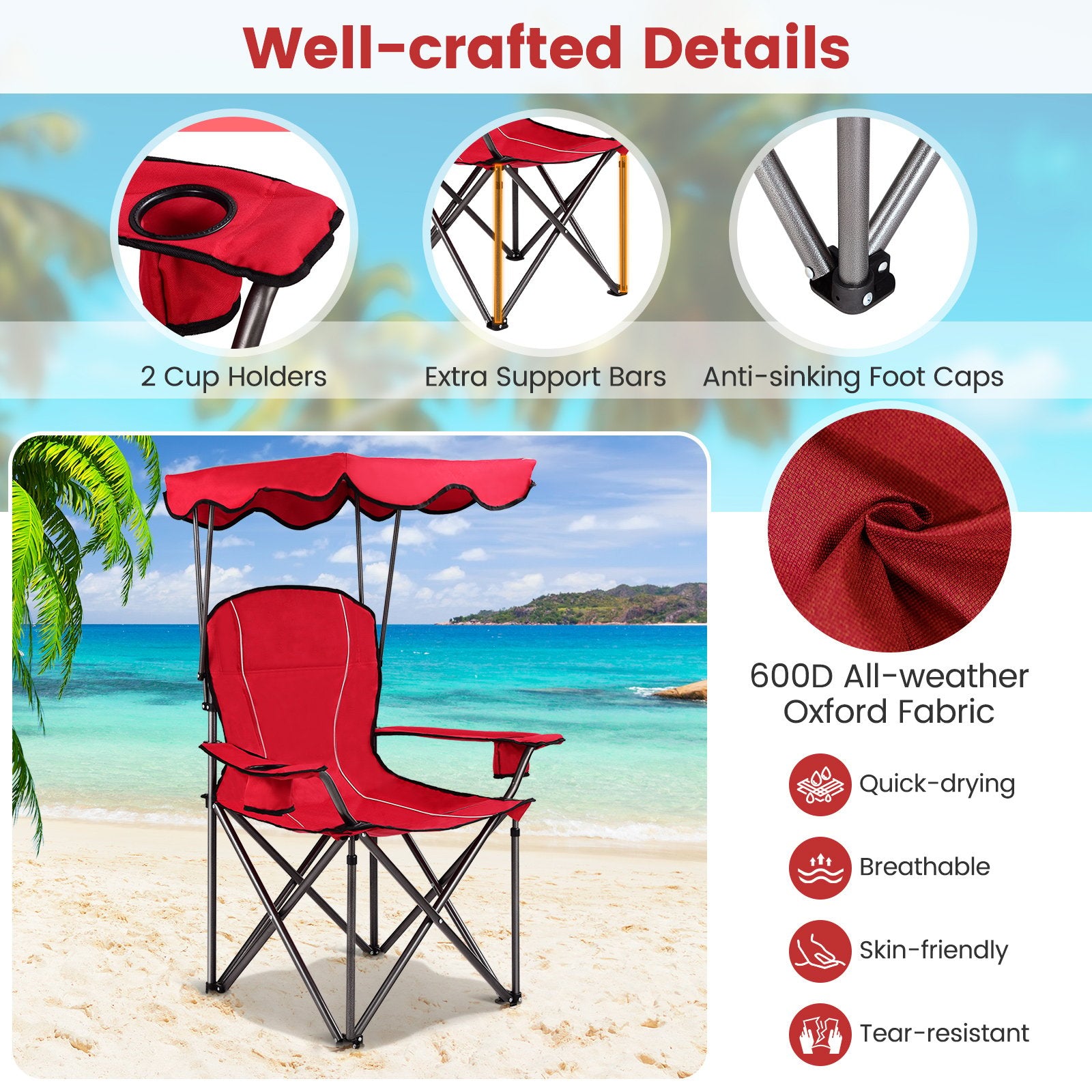 Portable Folding Beach Canopy Chair with Cup Holders, Red Camping Furniture   at Gallery Canada