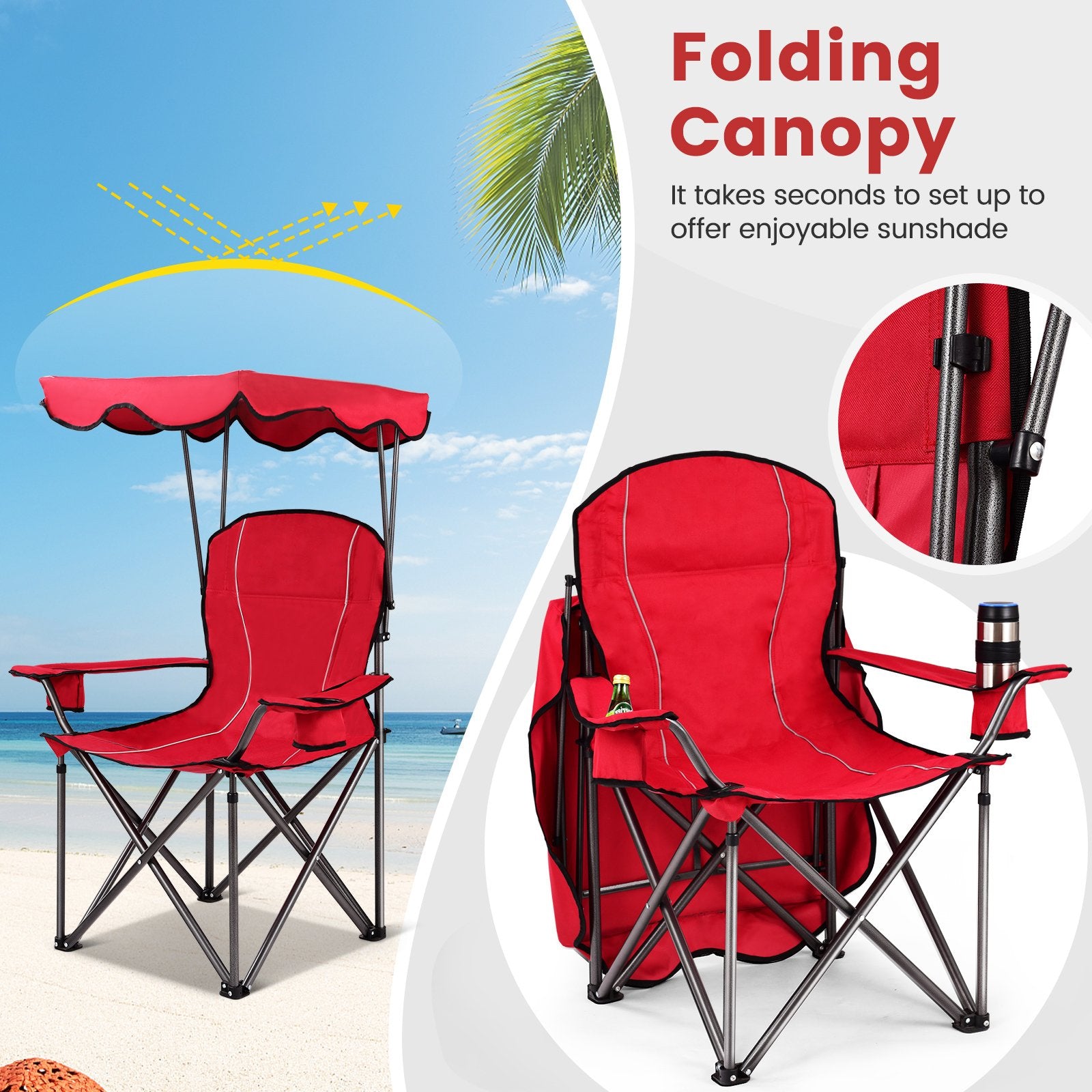 Portable Folding Beach Canopy Chair with Cup Holders, Red Camping Furniture   at Gallery Canada