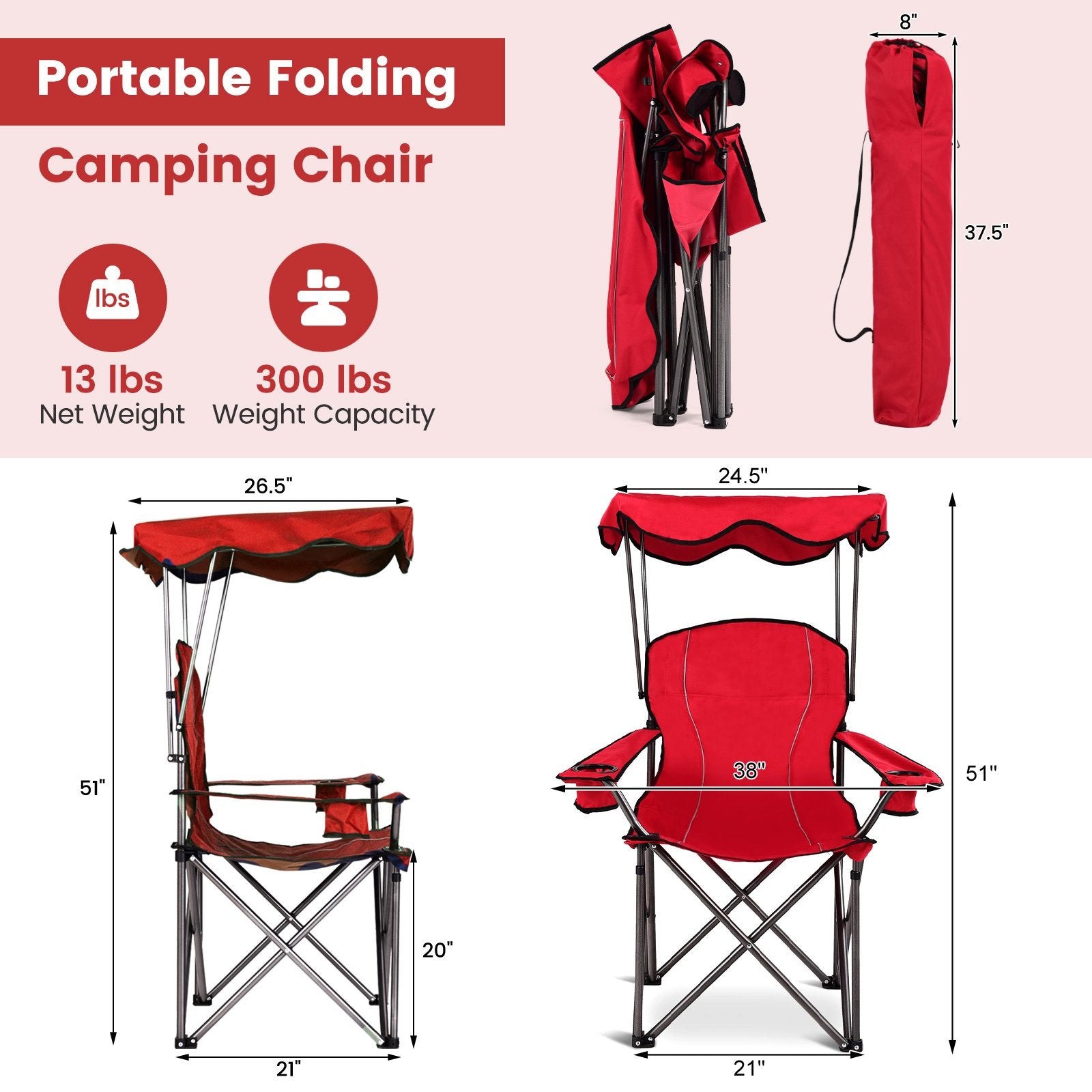 Portable Folding Beach Canopy Chair with Cup Holders, Red Camping Furniture   at Gallery Canada