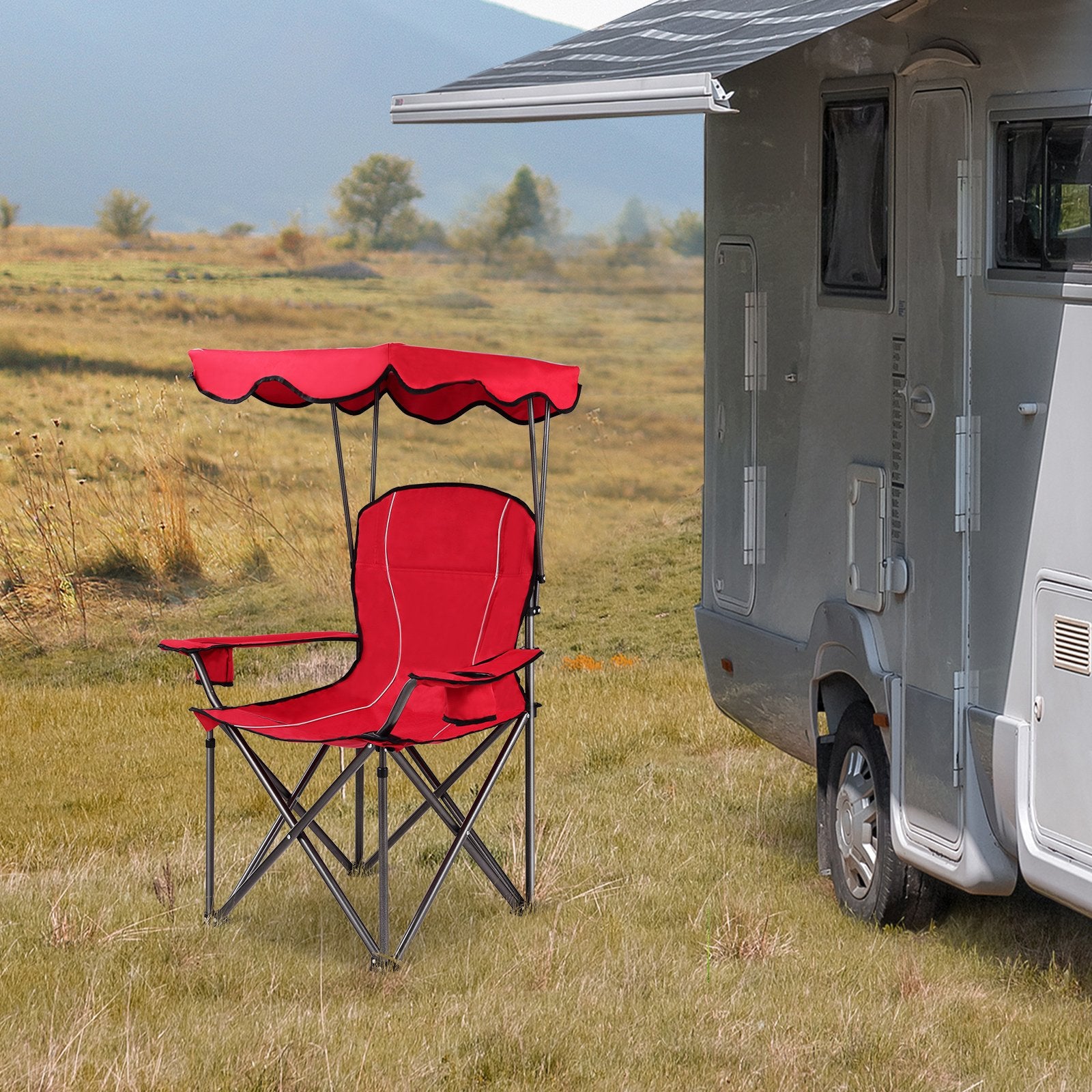 Portable Folding Beach Canopy Chair with Cup Holders, Red Camping Furniture at Gallery Canada